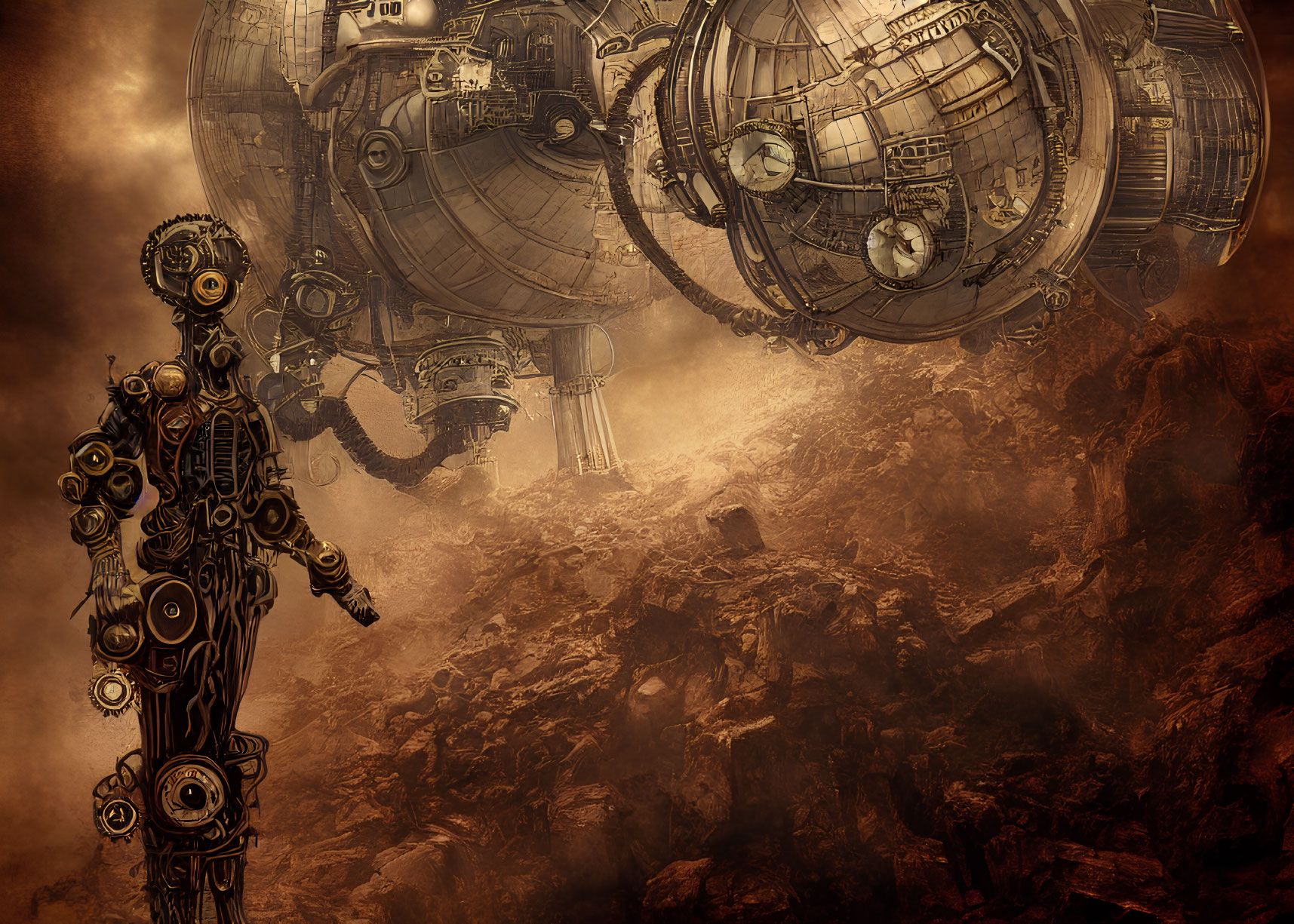 Steampunk robotic figure and airship on rugged terrain