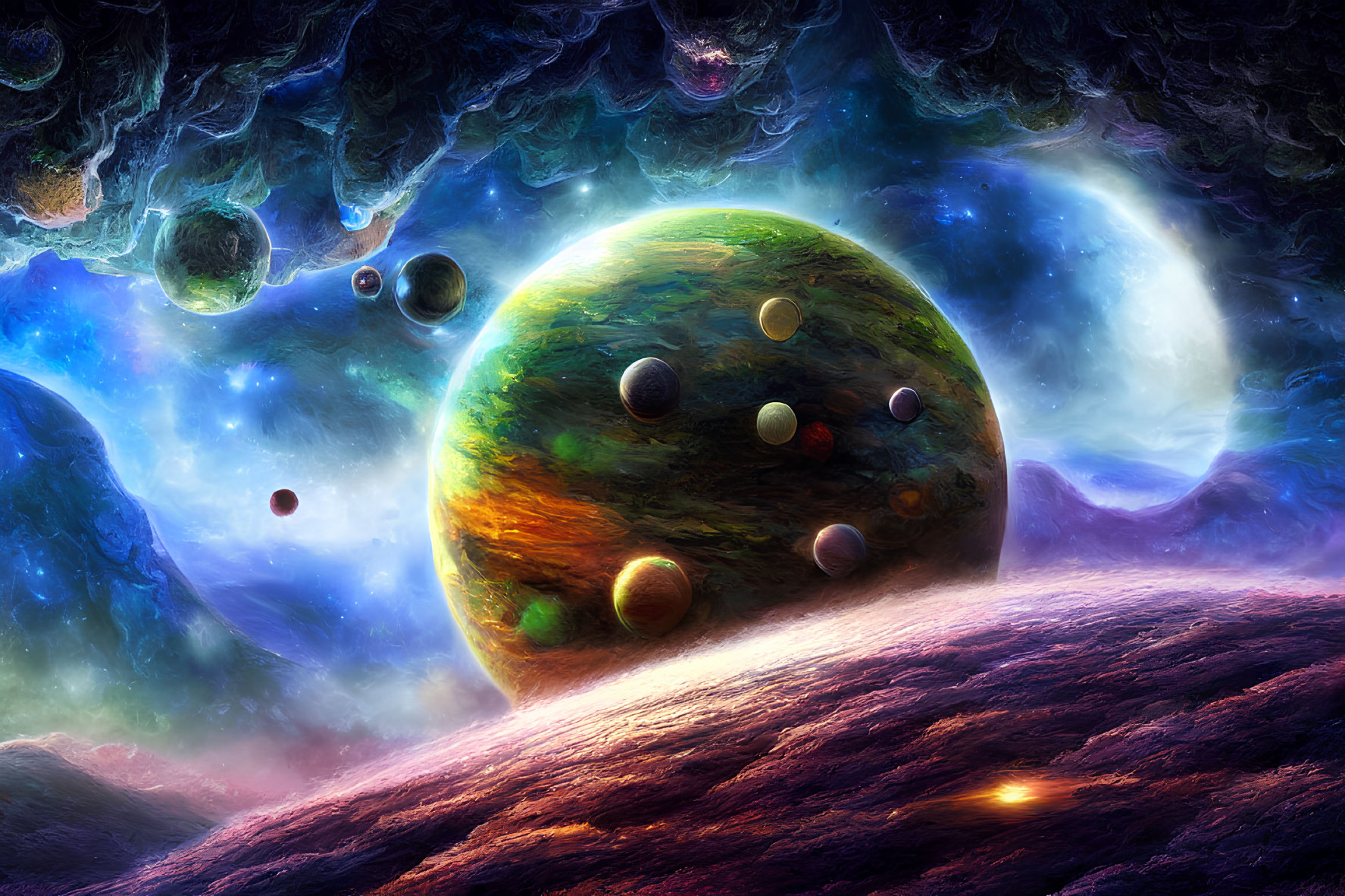 Colorful cosmic landscape with multiple planets and nebulae