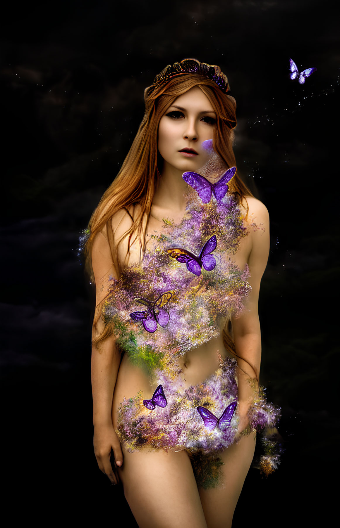 Red-Haired Woman Wearing Crown in Purple Flower Bodysuit