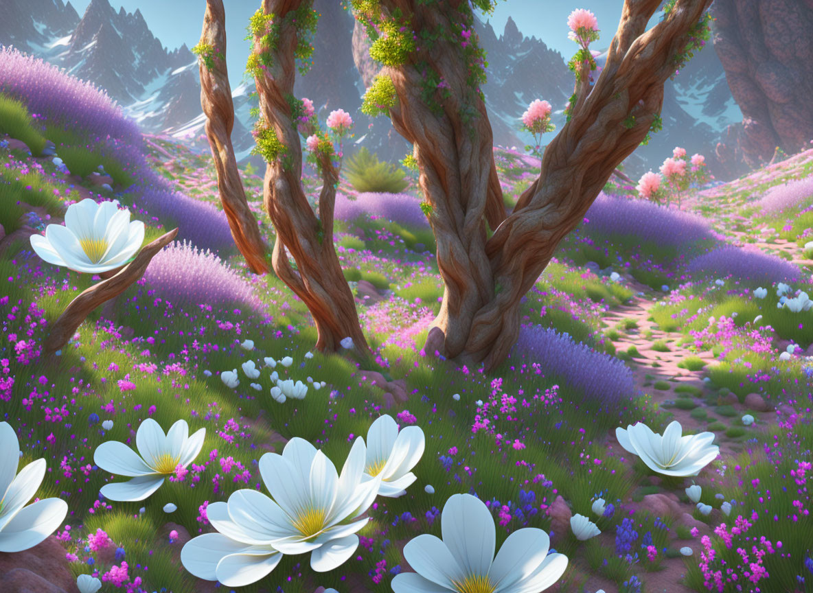 Digital landscape of purple flowers and white blossoms with twisted trees and mountains under clear sky