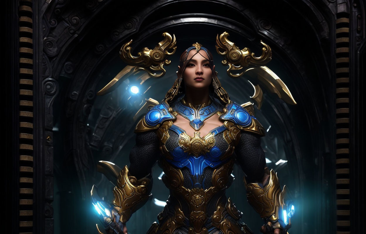 Woman in Golden and Blue Armor in Dark Futuristic Setting