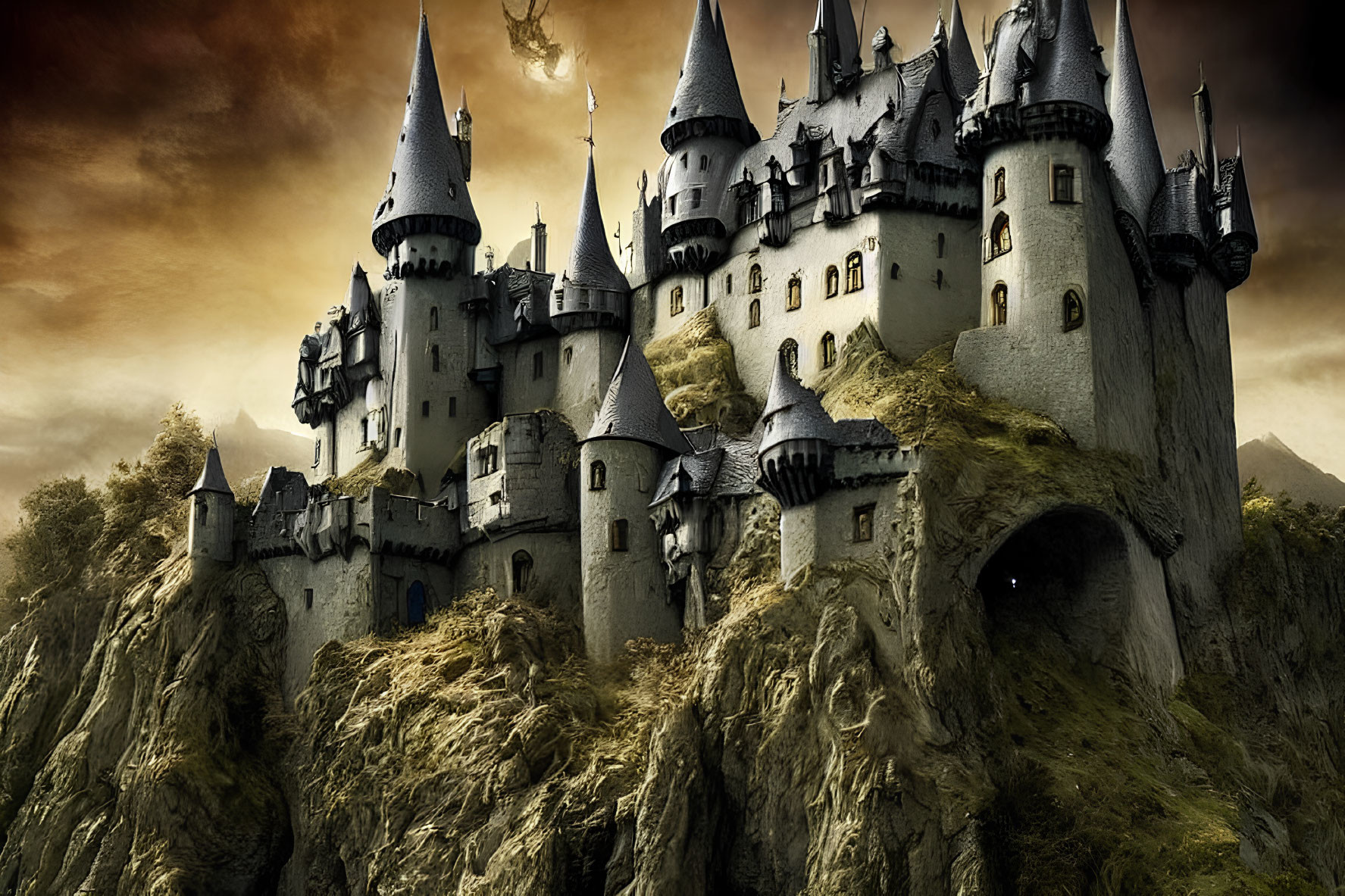 Medieval castle with spires on cliff under golden sky