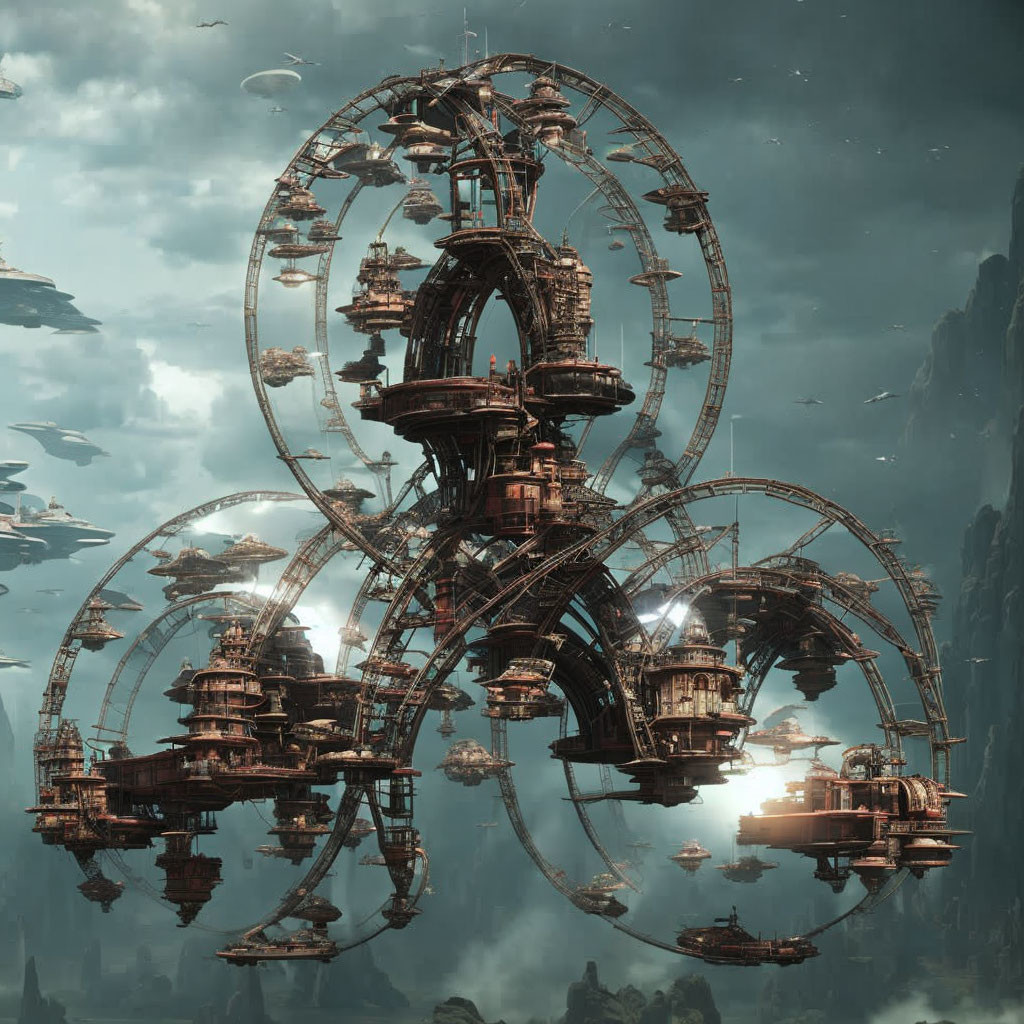 Futuristic cityscape with circular structures and mist