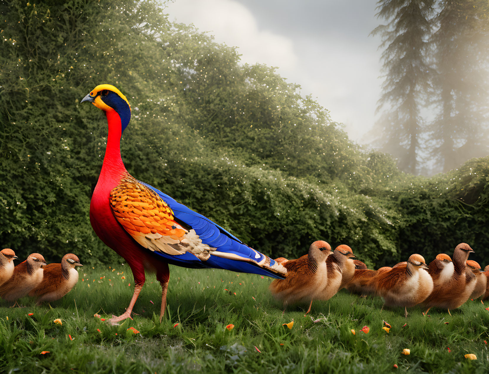 Colorful pheasant among brown birds in lush forest clearing with yellow flowers