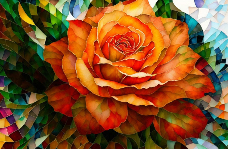 Vibrant Rose with Colorful Stained-Glass Leaves