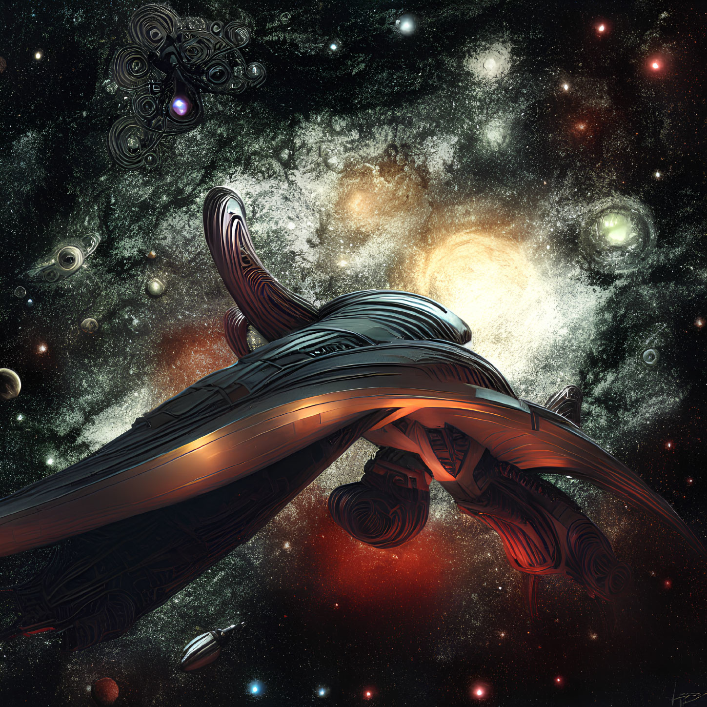 Digital artwork: Spaceship in star-filled galaxy with smaller spacecraft.