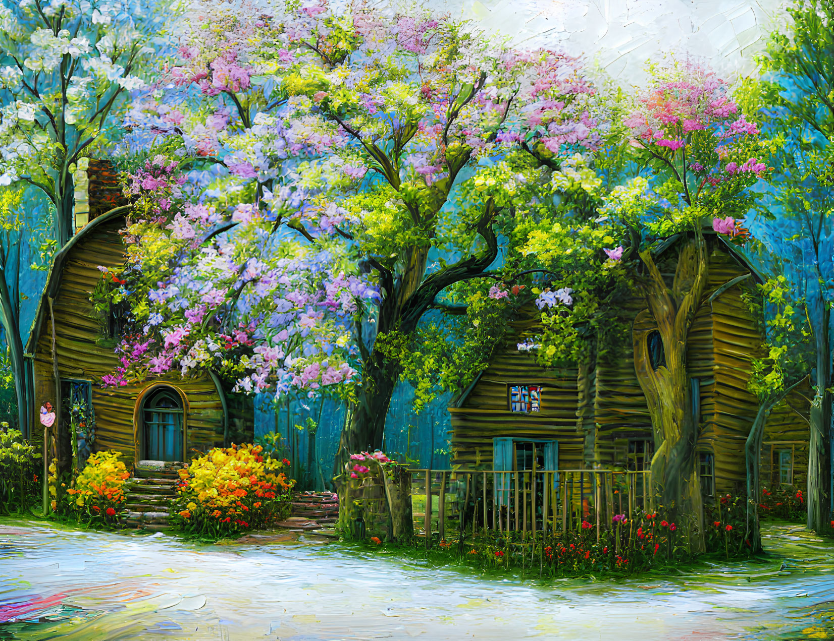 Colorful painting of whimsical woodland cottages in lush spring setting