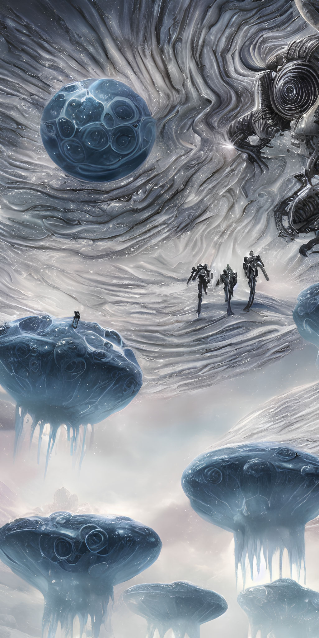 Surreal alien landscape with floating islands and swirling skies