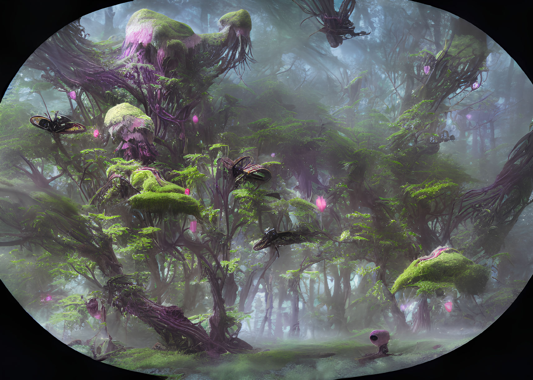 Enigmatic foggy forest with pink and green flora and oversized insects