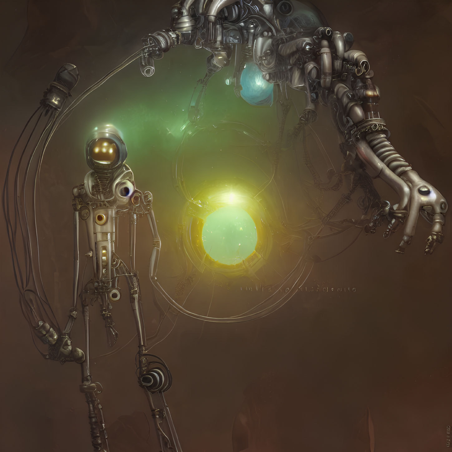 Intricate futuristic robot designs with glowing orb in mysterious setting