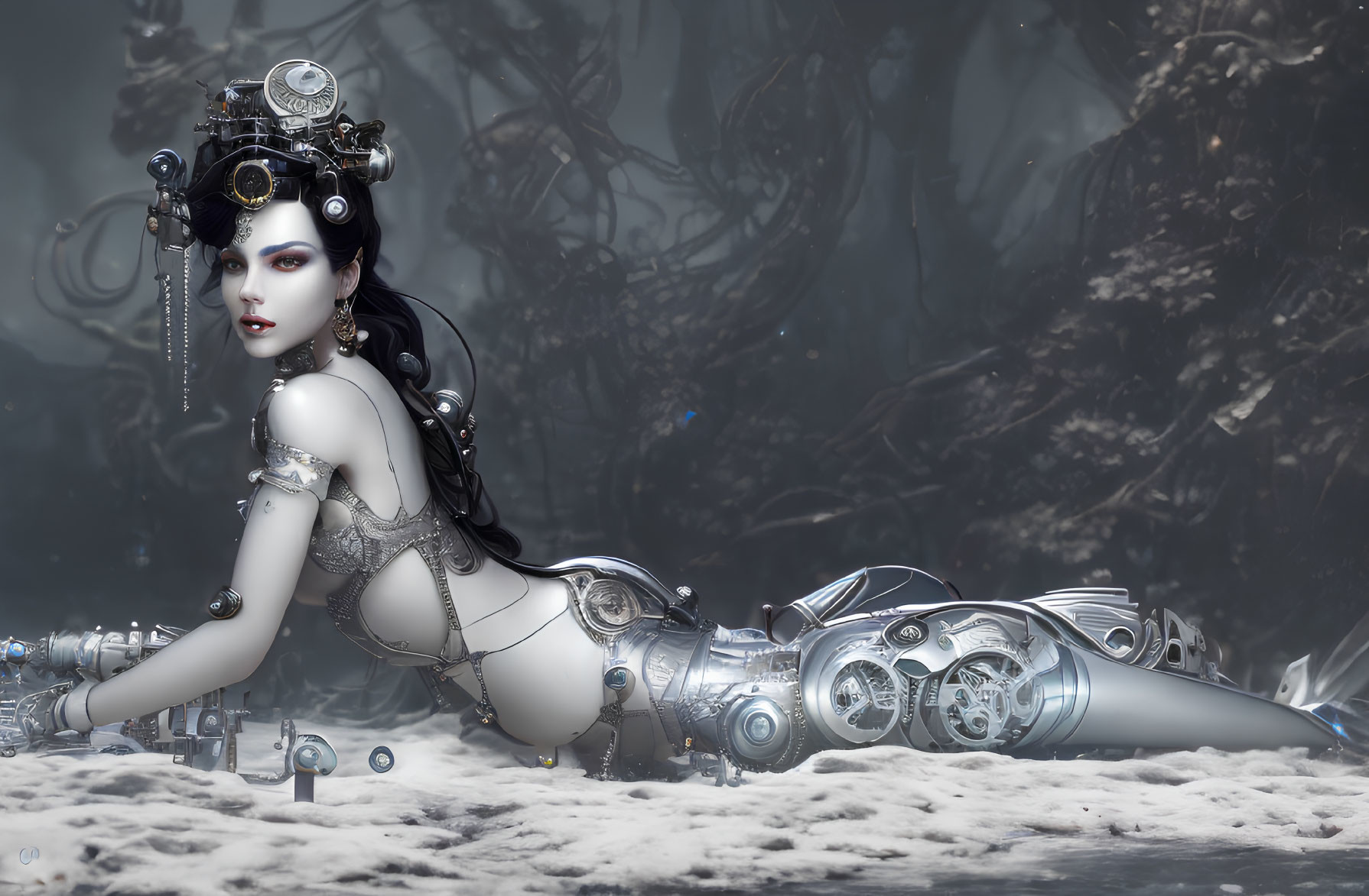 Female cyborg with intricate mechanical body parts in misty forest setting