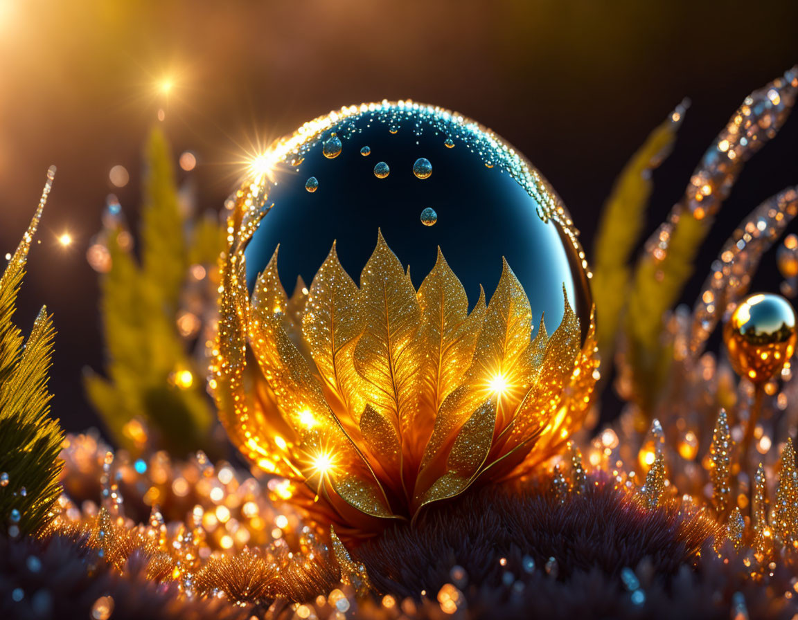 Golden leaf holding sparkling orb in radiant nature scene.