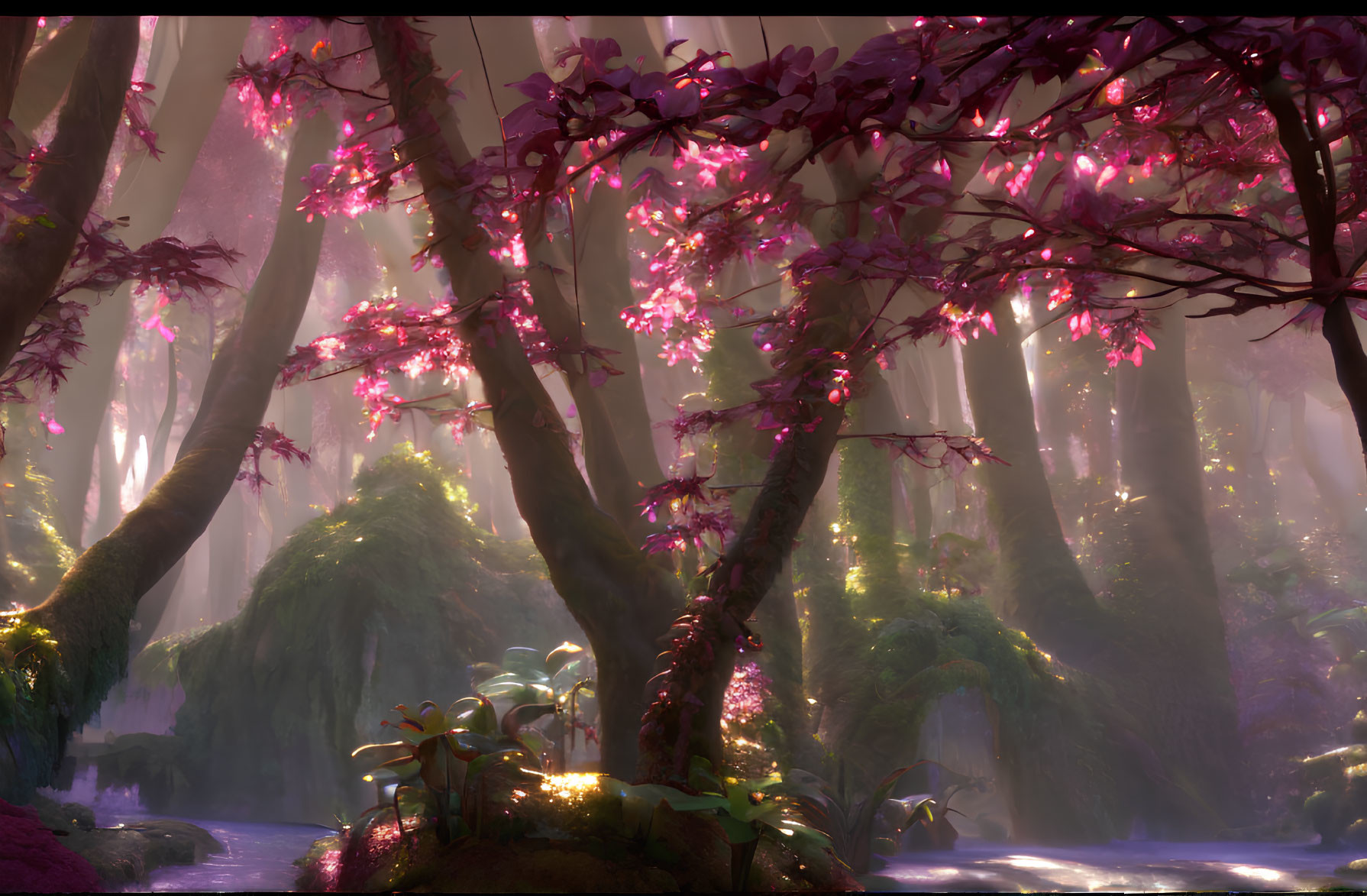 Purple Forest with Radiant Light Beams and Serene Stream