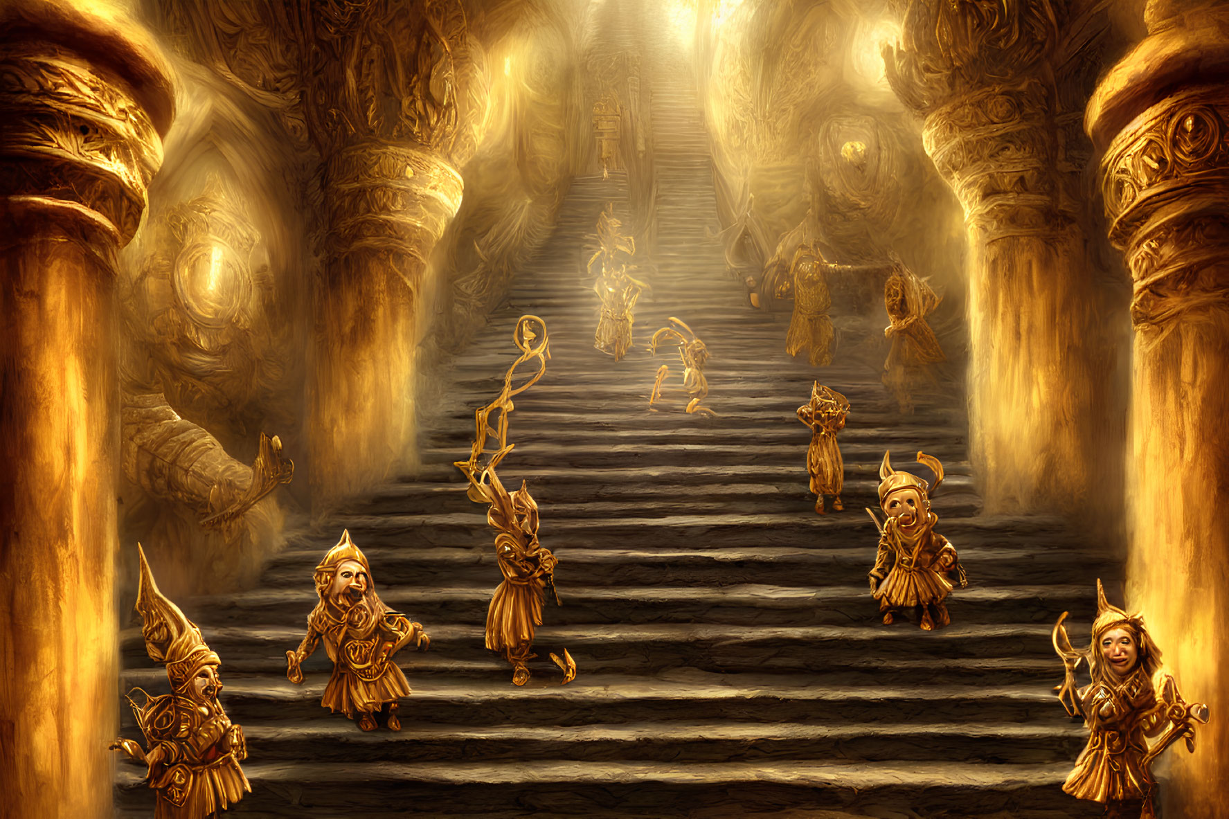 Golden staircase with ornate pillars, vibrant characters dancing in warm light