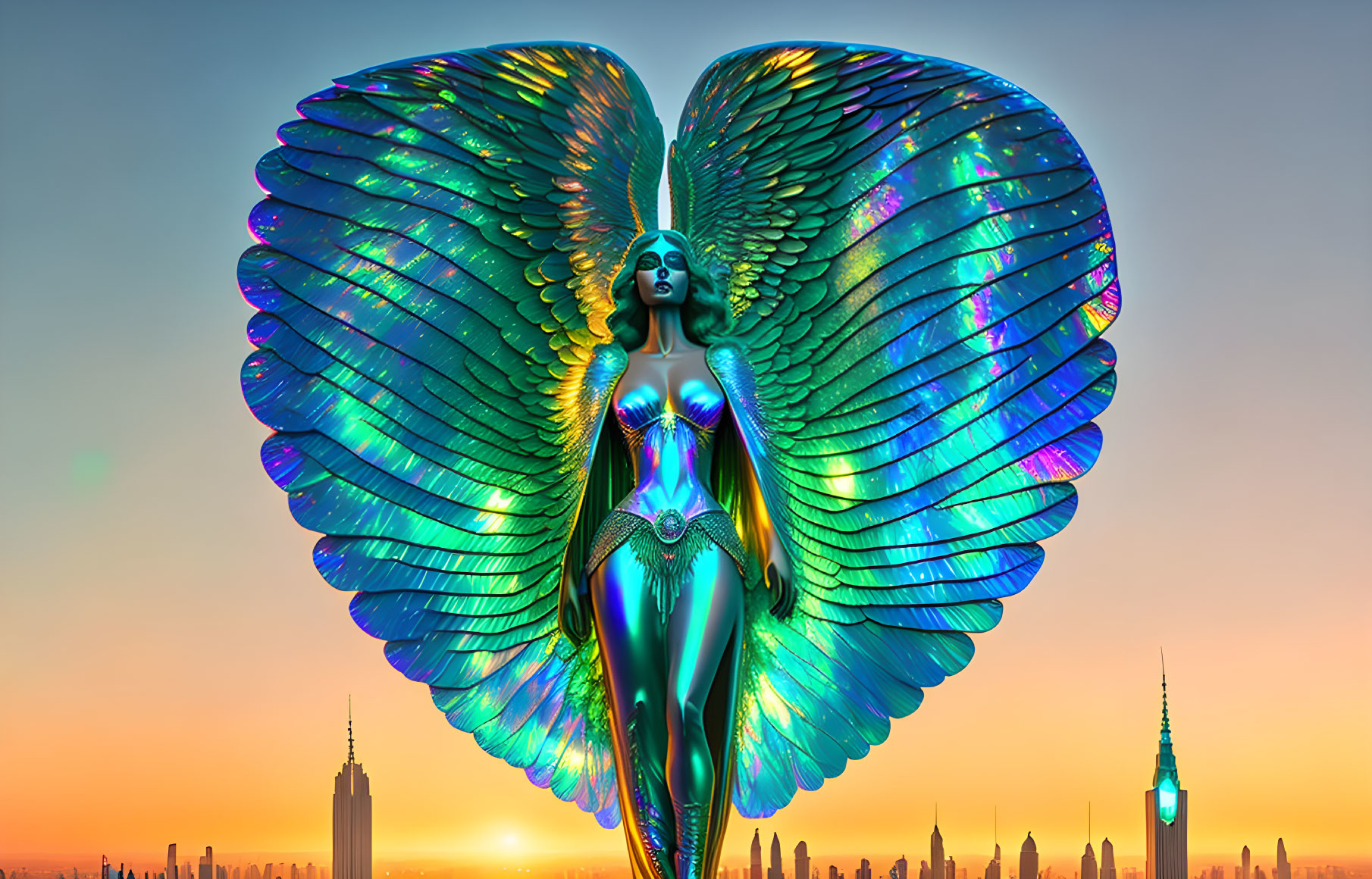 Futuristic Figure with Wings Against Sunset Skyline