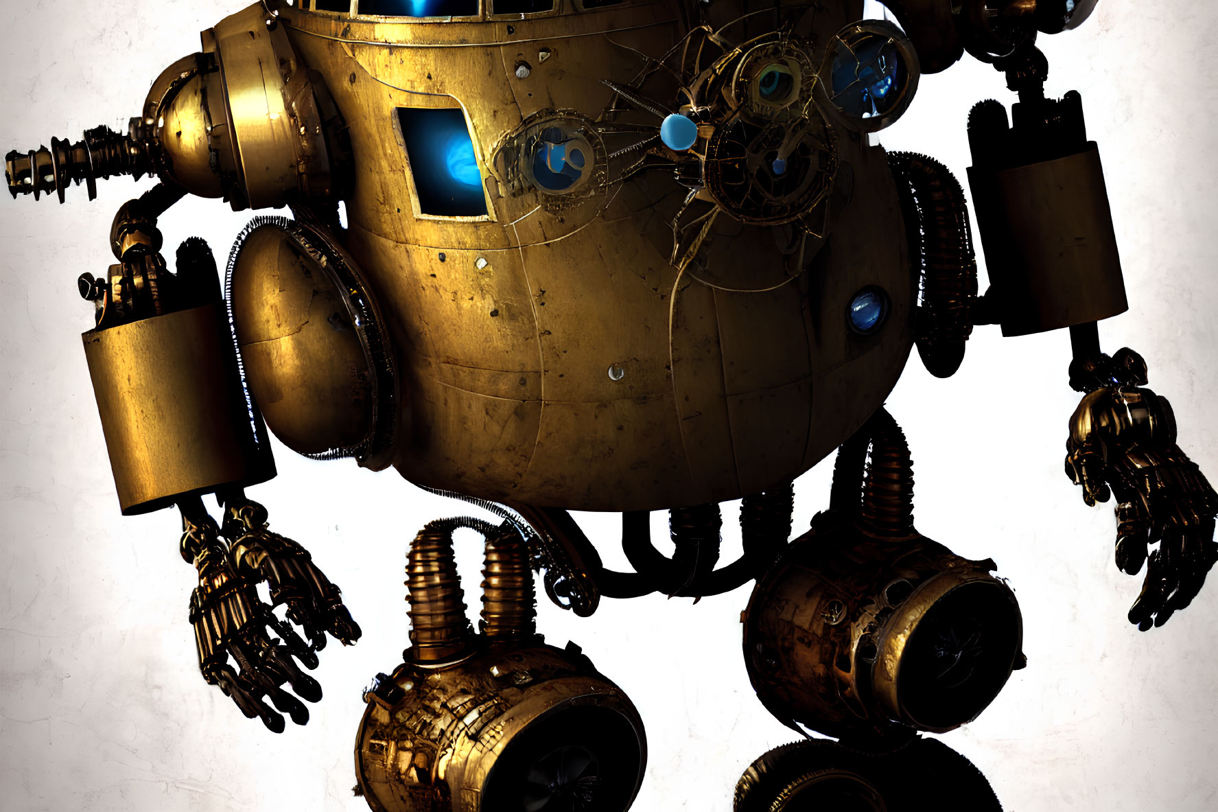 Detailed Illustration of Bronze-Toned Bulky Robot with Complex Arm Mechanisms