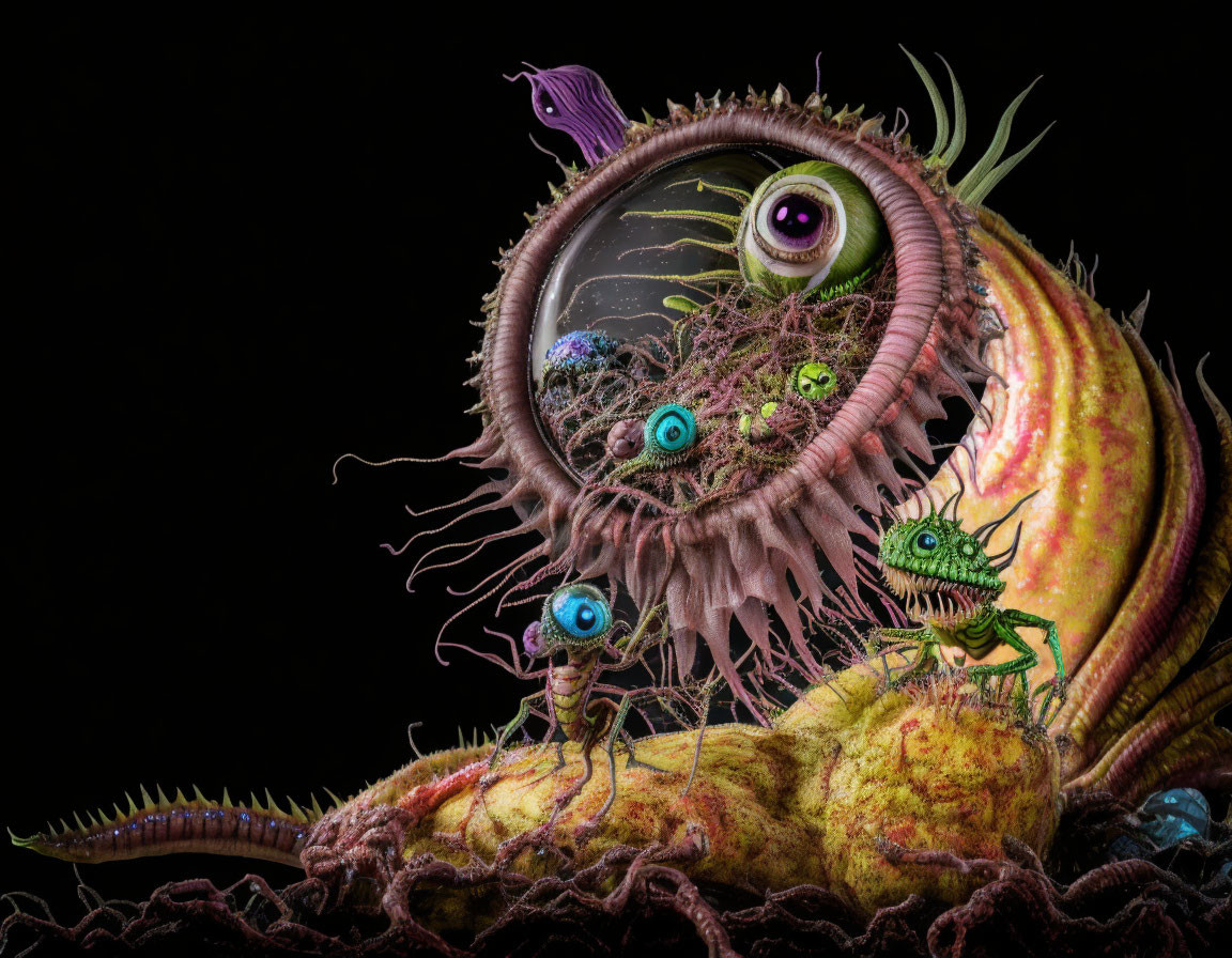 Colorful-eyed creature with tentacles on dark background