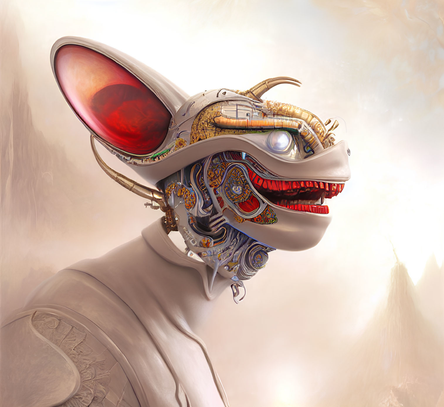 Surreal portrait featuring creature with intricate mechanical details