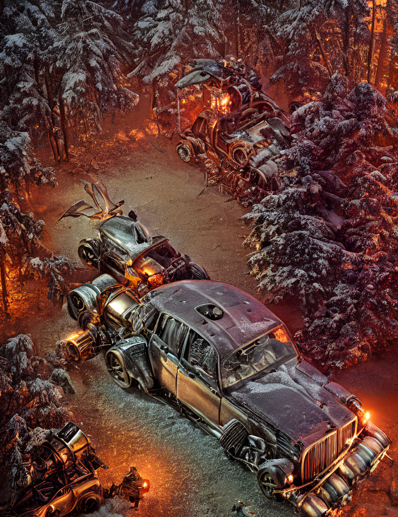 Customized post-apocalyptic vehicles in snow-covered forest