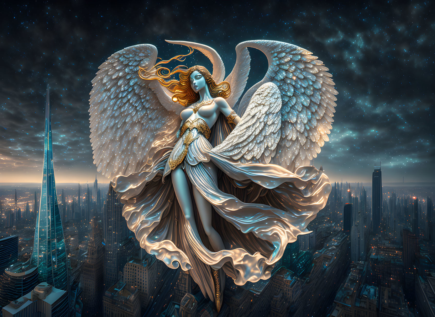 Majestic Angel Over Cityscape with Ethereal Wings