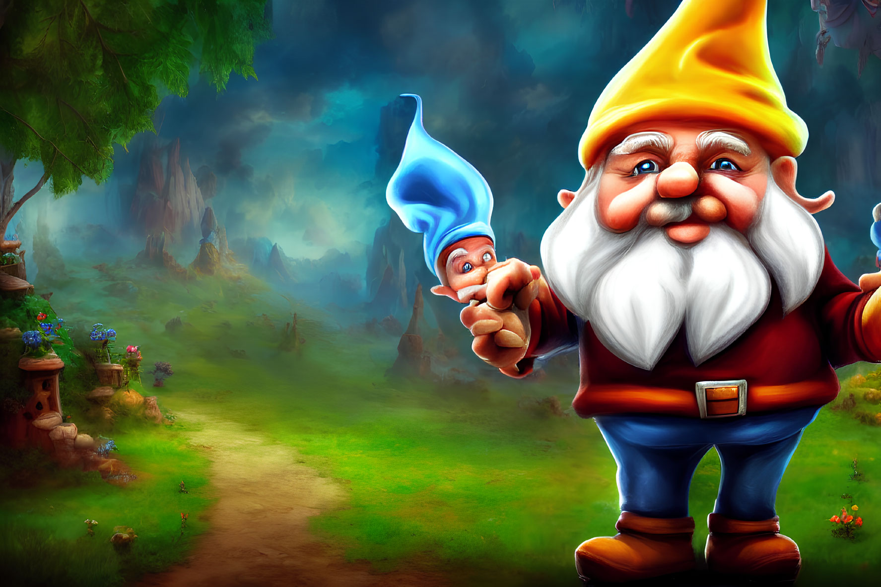 Vibrant garden gnomes in colorful enchanted forest