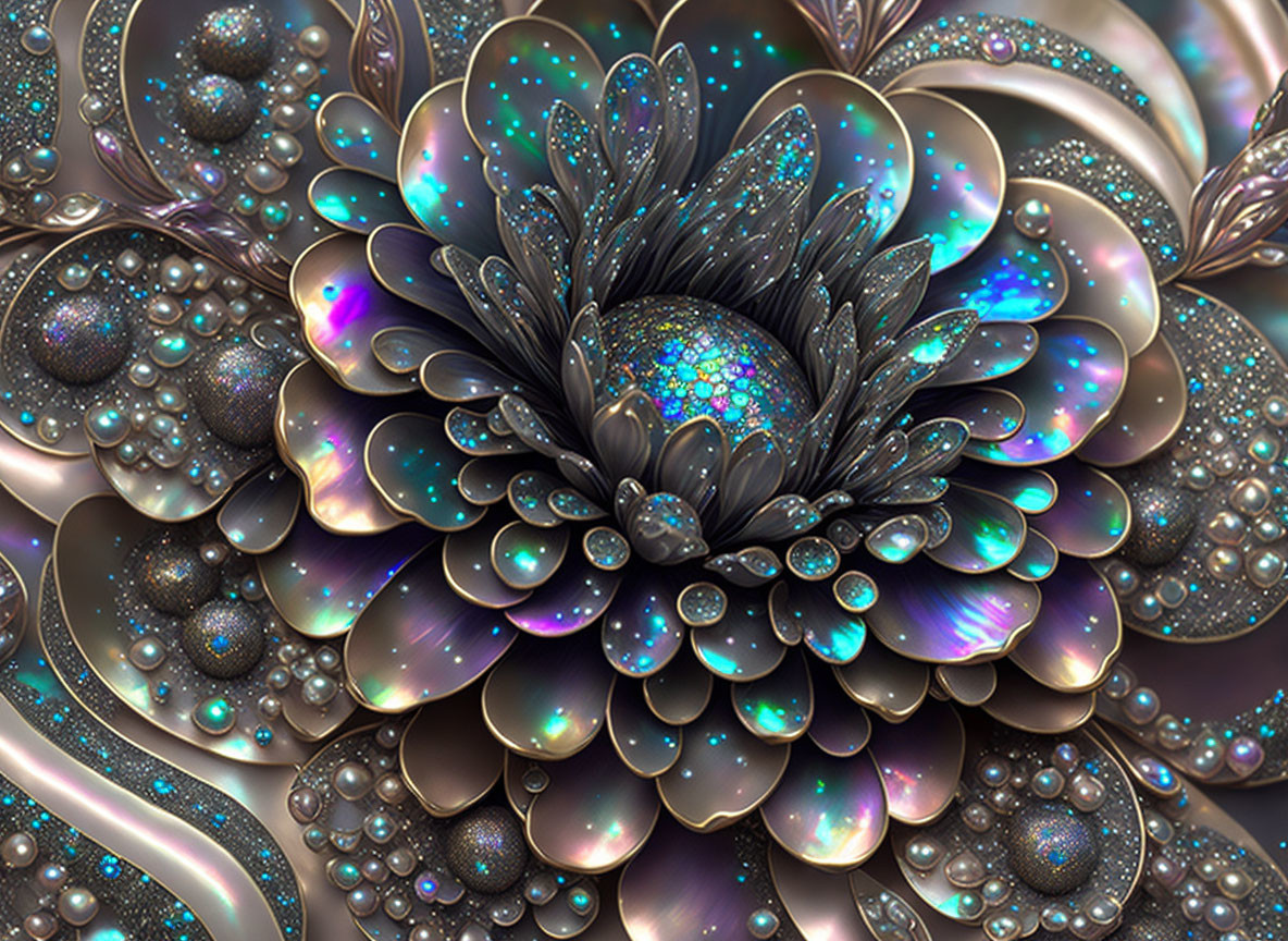 Digital Flower Fractal with Iridescent Colors and Layers