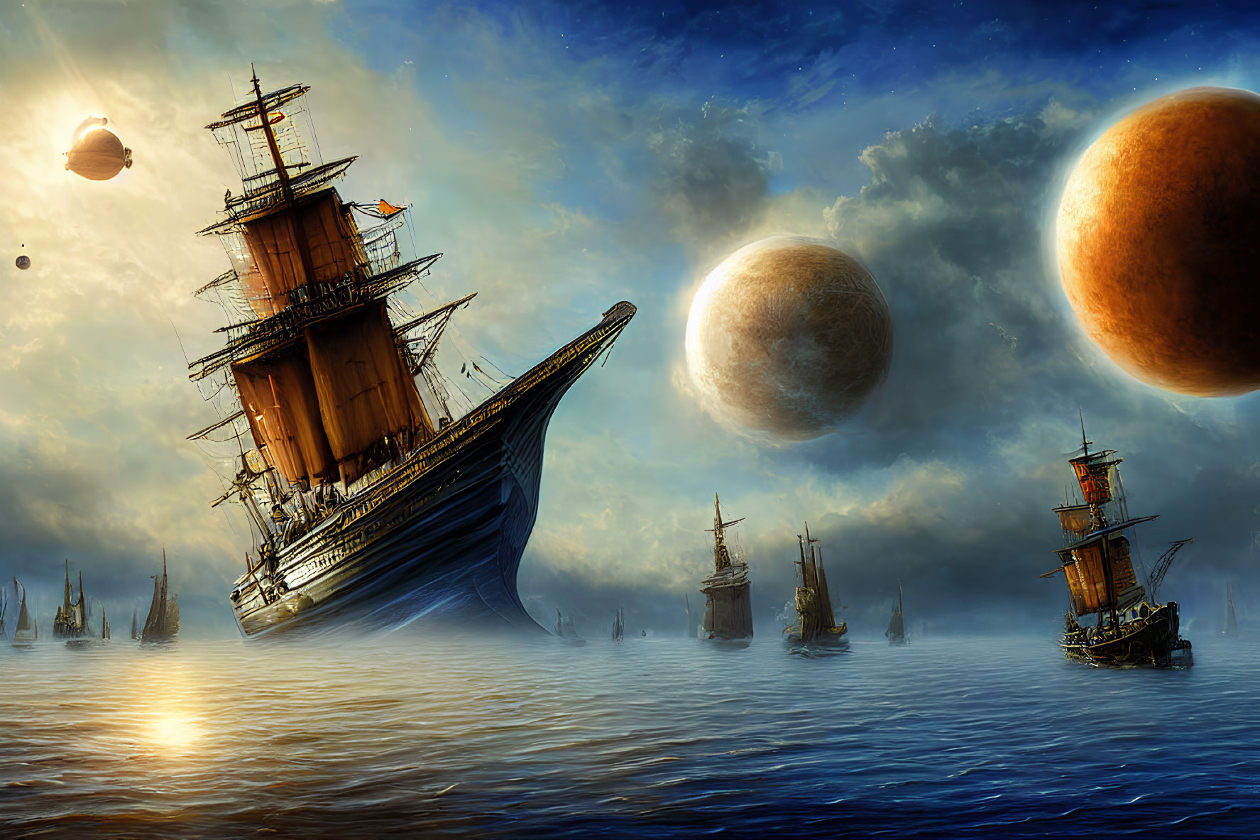 Sailing ships on misty sea with celestial bodies and airship