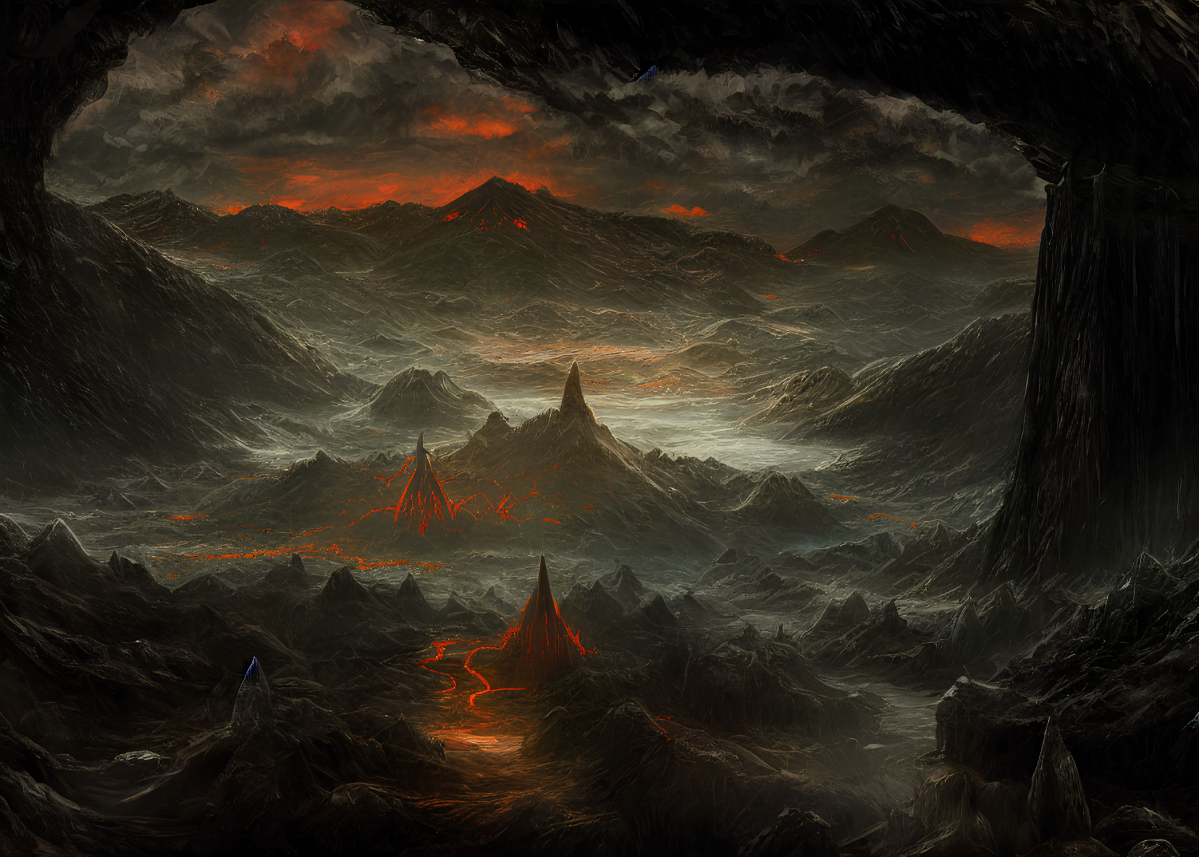 Volcanic landscape with lava flows and red-tinted sky viewed from cave opening