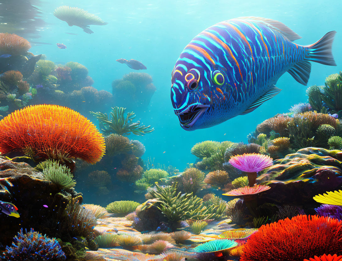 Colorful Striped Fish in Vibrant Underwater Coral Reef