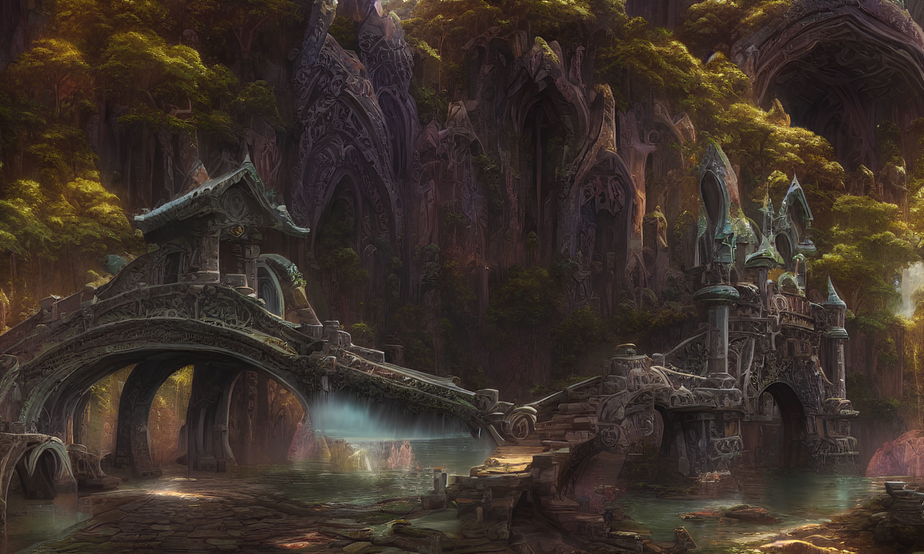 Mystical forest with ancient ruins, ornate bridge, serene river