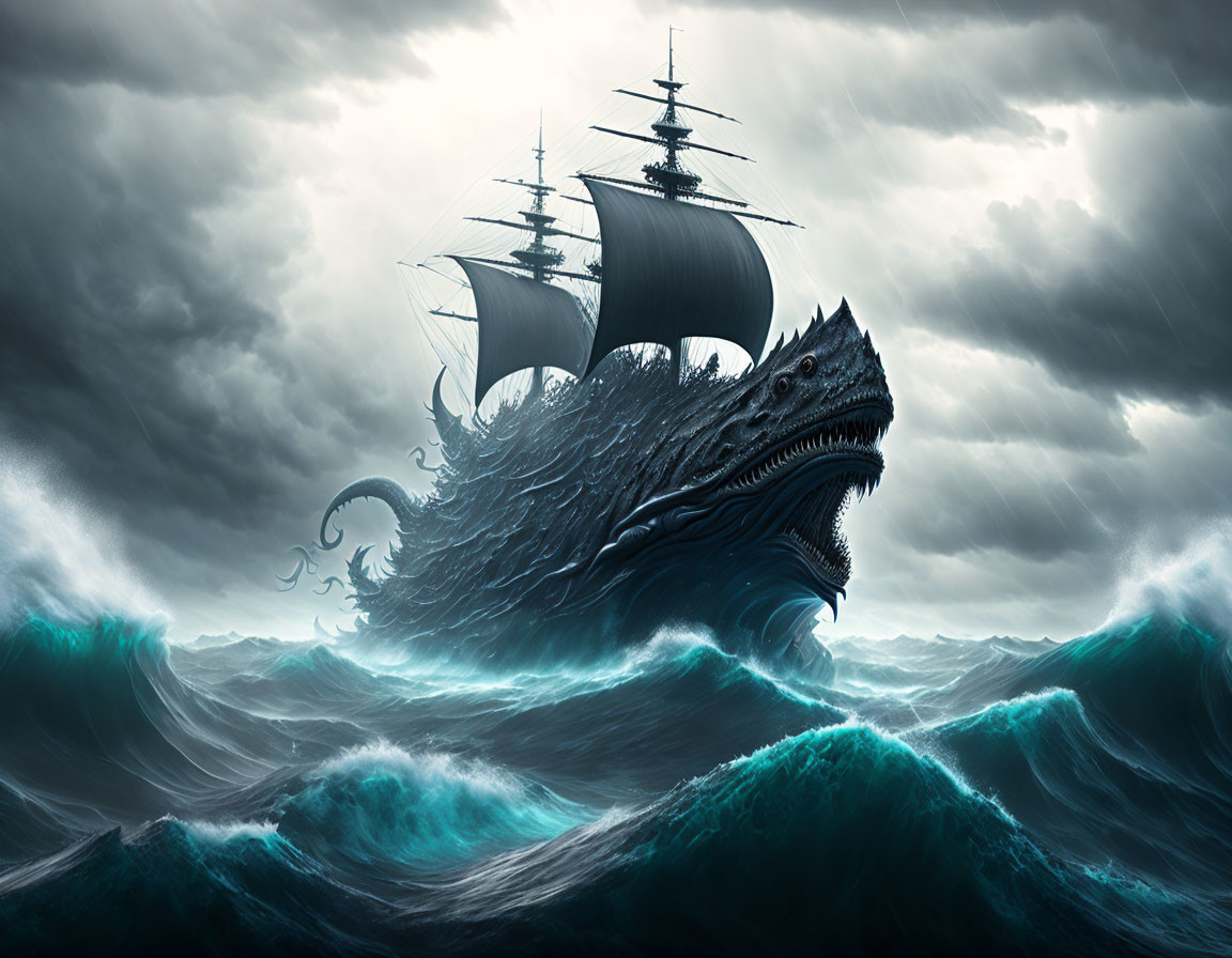 Giant sea monster carries ship through stormy waters