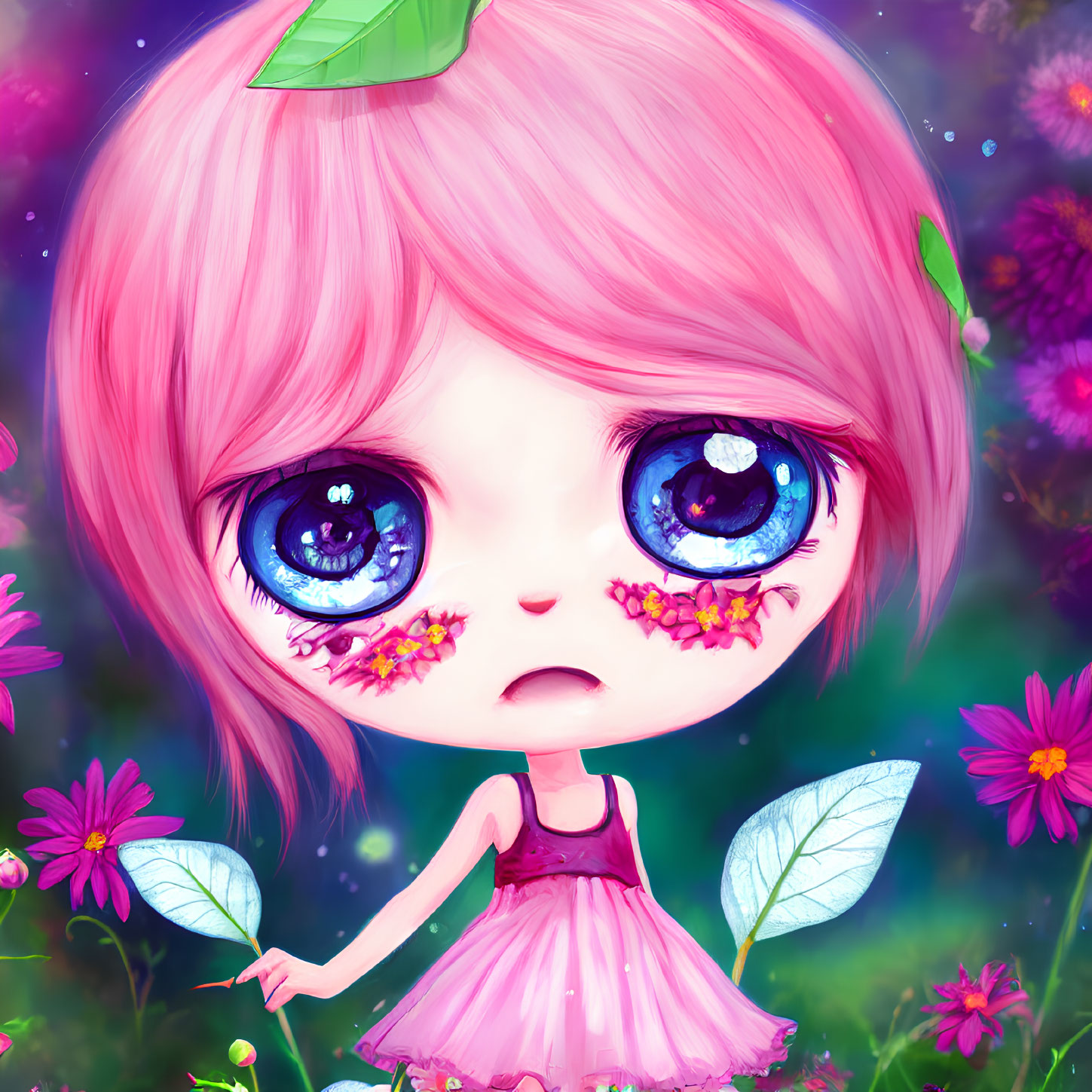 Illustration of girl with blue eyes, pink hair, leaf outfit, surrounded by vibrant flowers in fantasy