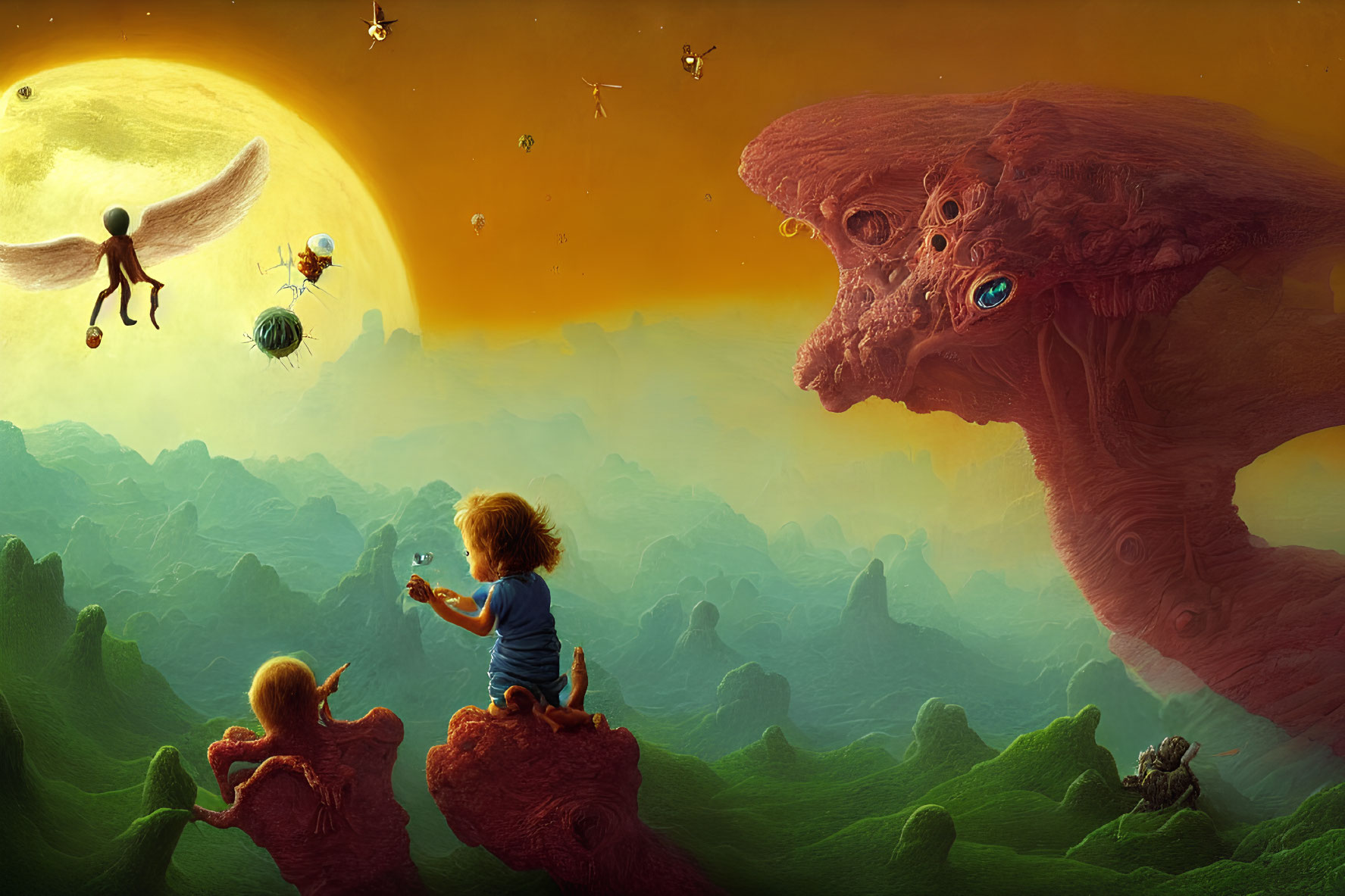 Giant creature, children, moon, and flying beings in surreal landscape