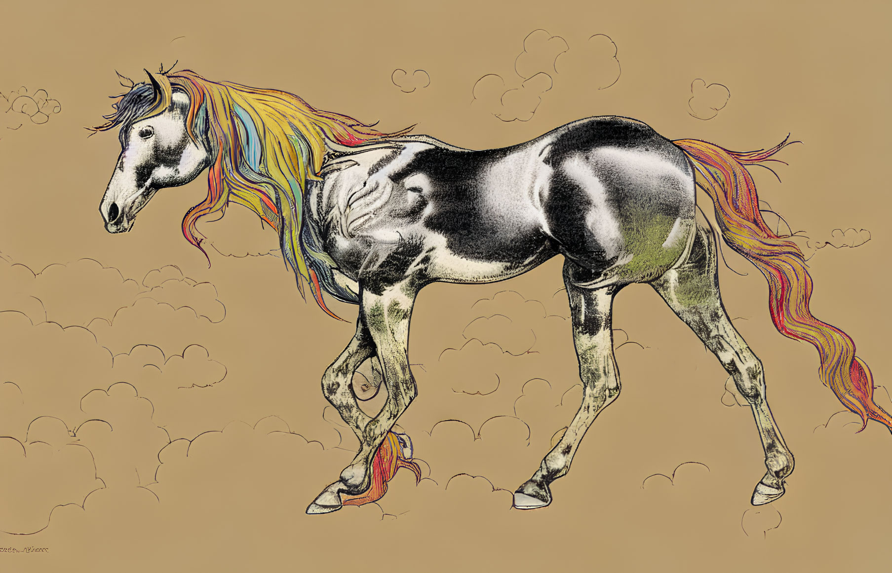 Monochrome horse with colorful mane trotting on beige background