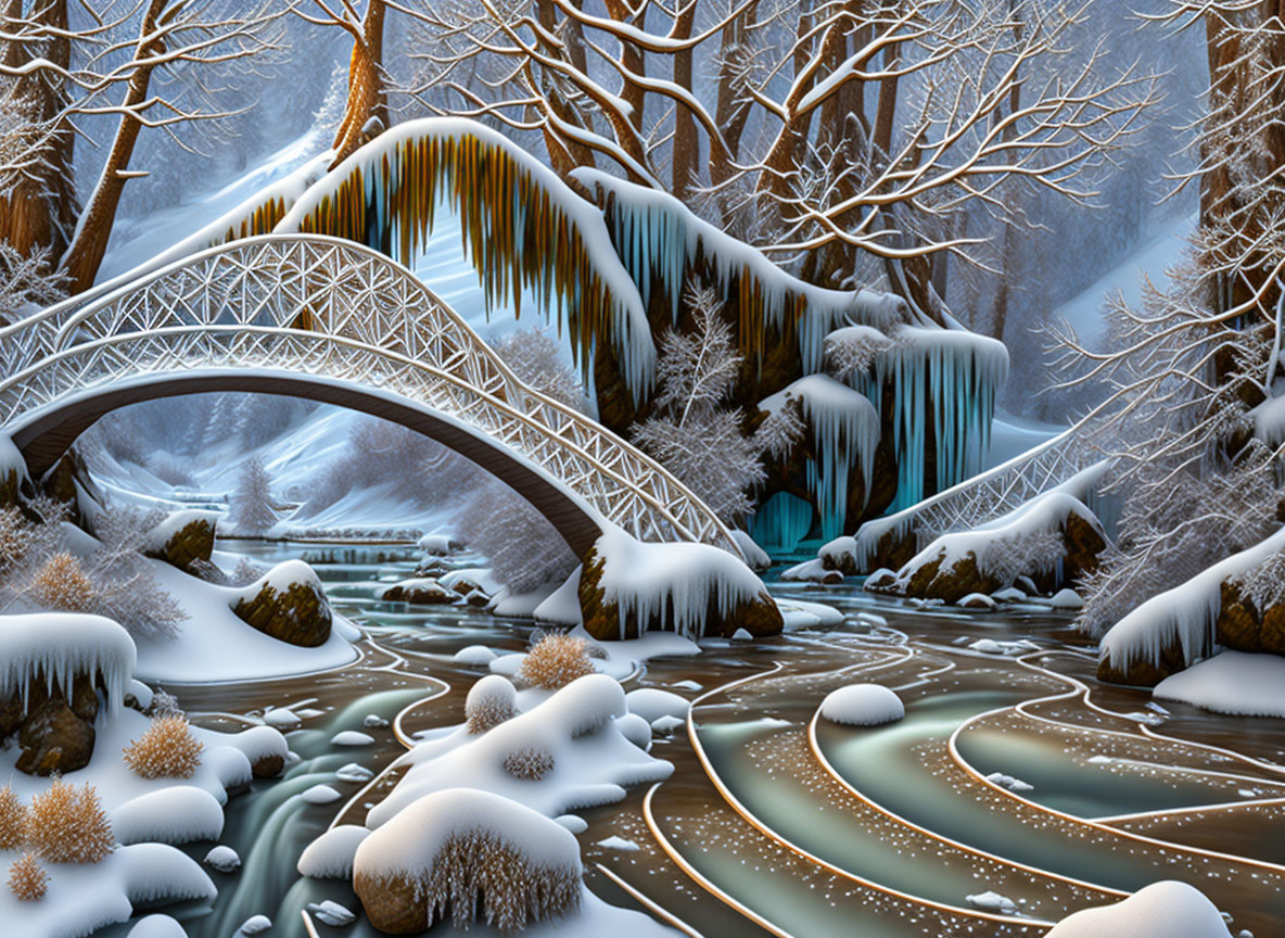 Winter Landscape with Bridge Over Flowing River