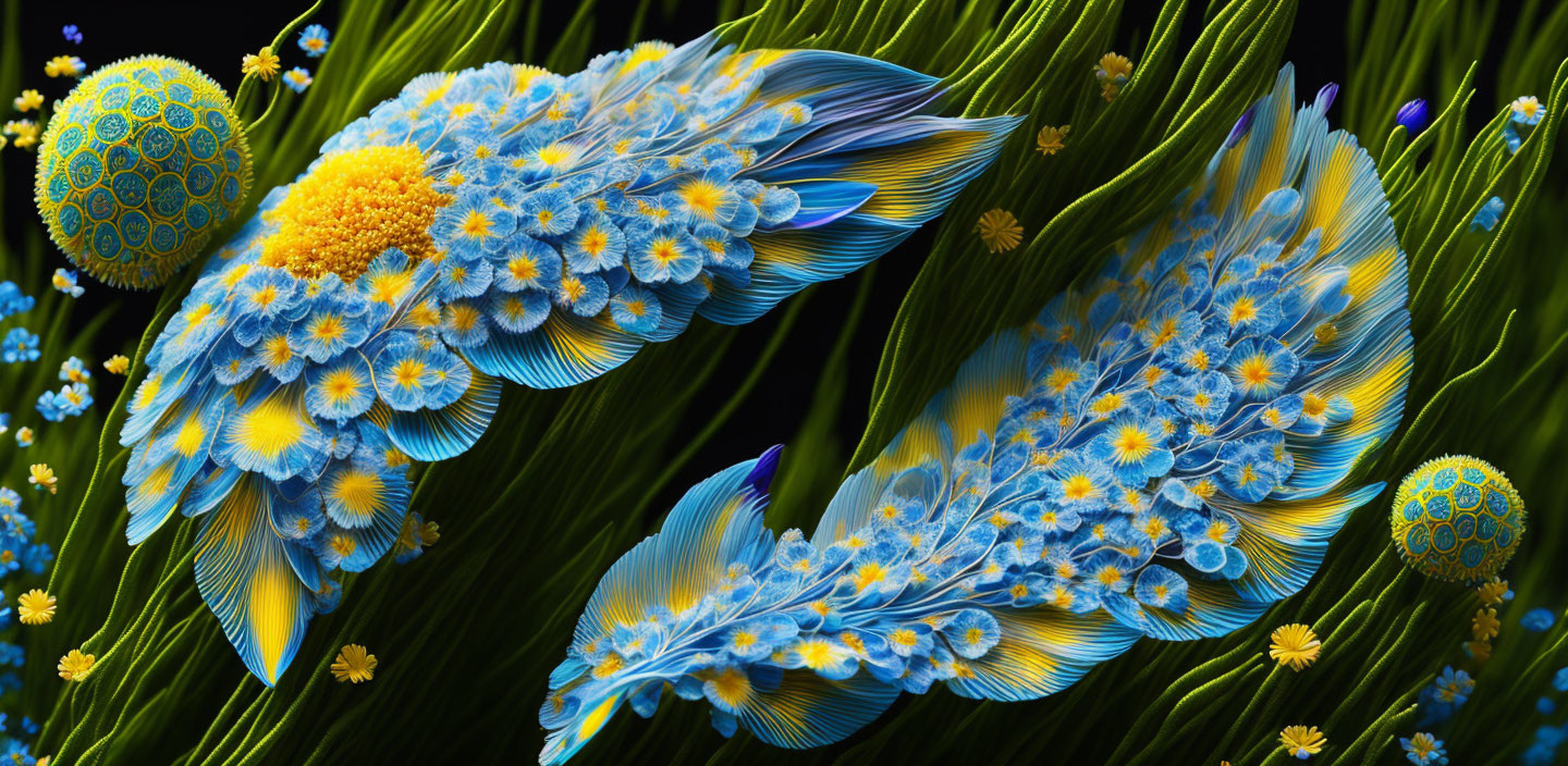 Colorful Blue and Yellow Feathers with Floral Patterns on Dark Background