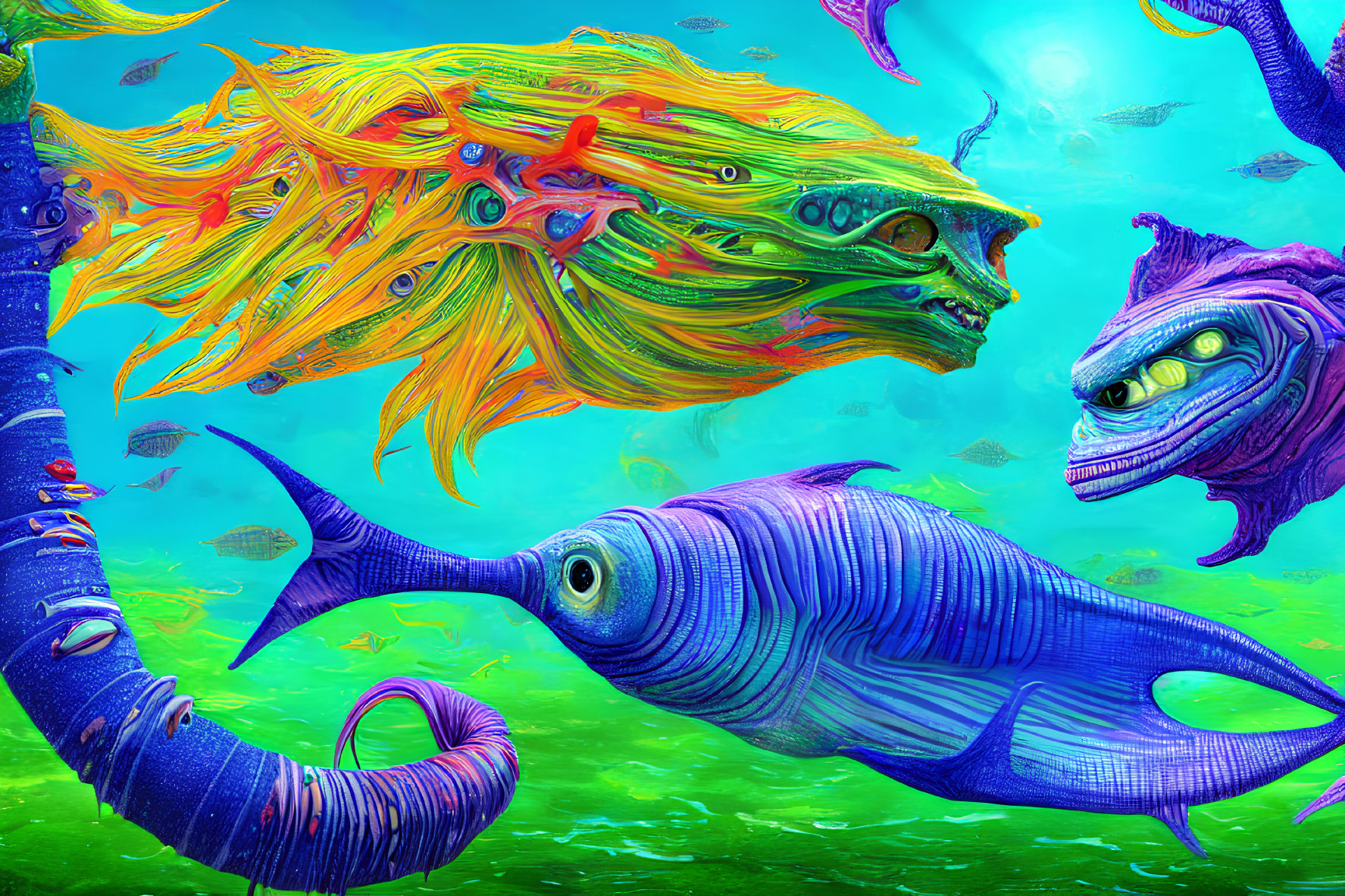 Vibrant humanoid-faced fish in colorful underwater scene