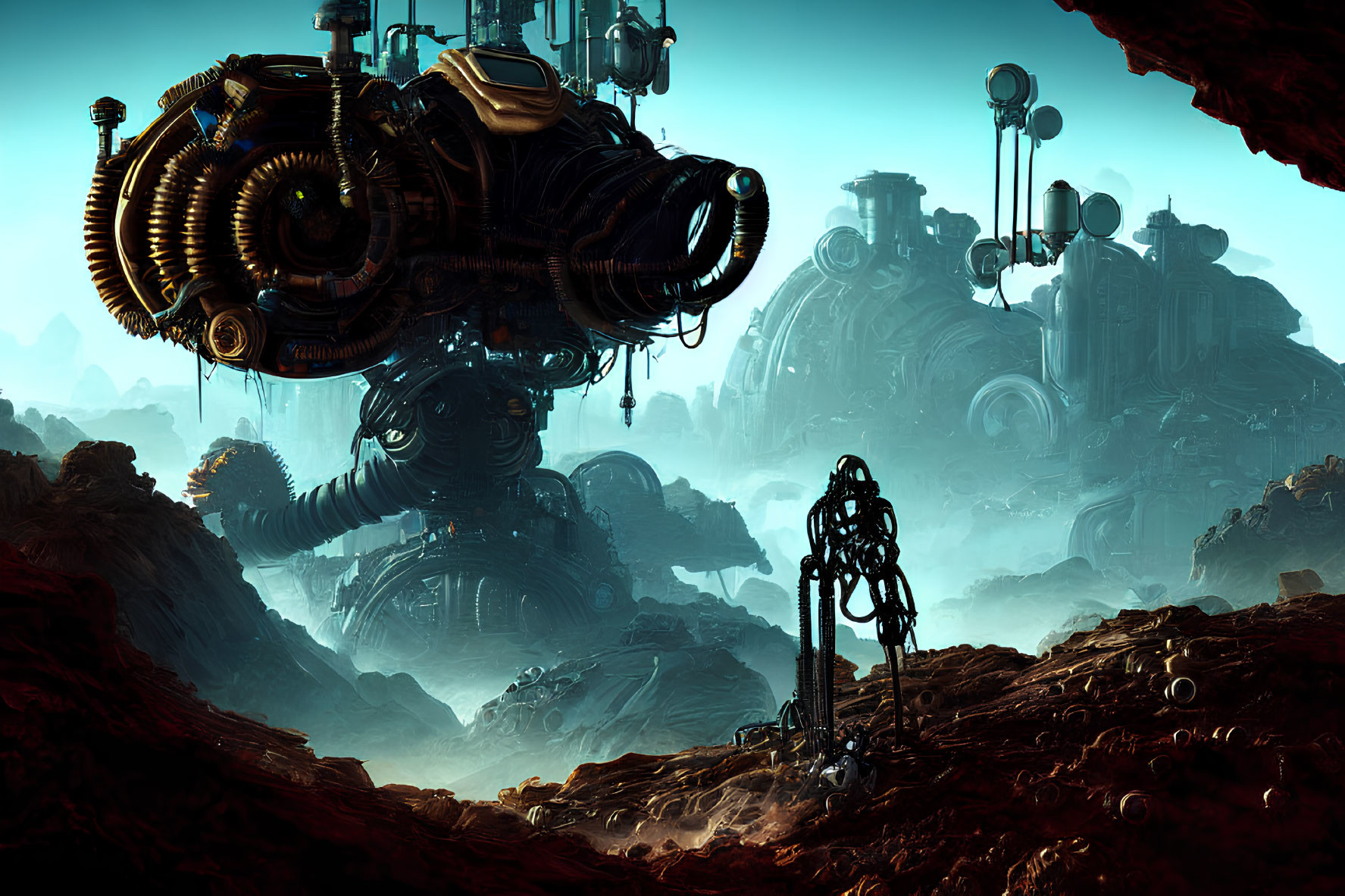 Futuristic industrial landscape with intricate machinery over rocky terrain