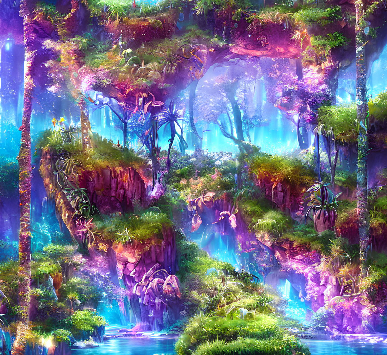 Mystical forest with luminous plants, colorful flora, and ethereal waterfalls