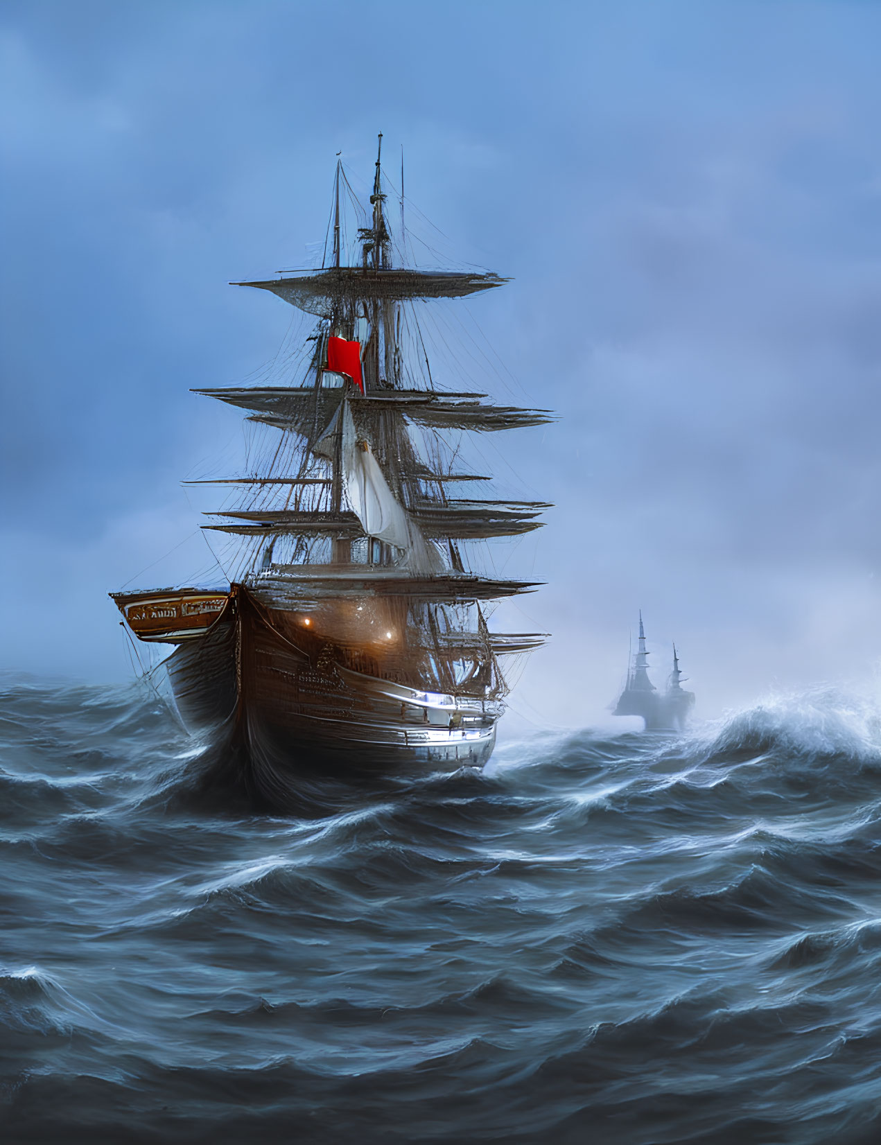 Tall ship with full sails in stormy seas with red flag