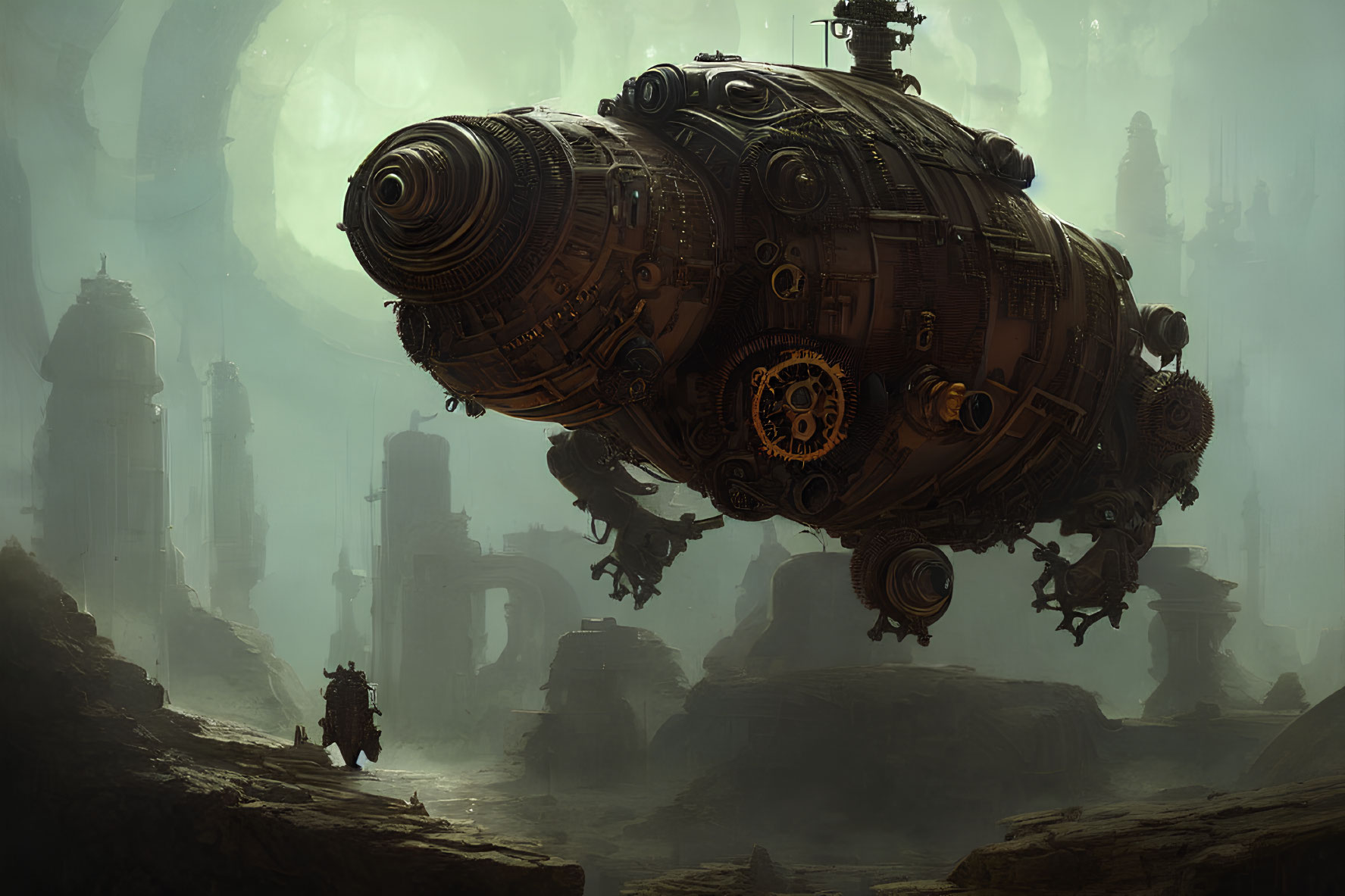 Steampunk airship over ruins with giant moon in background