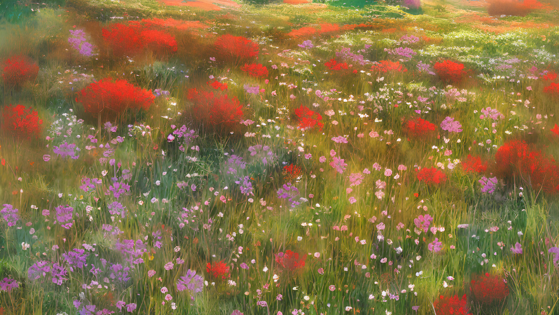 Colorful Wildflower Field Under Warm Light: Red, Purple, White Blooms