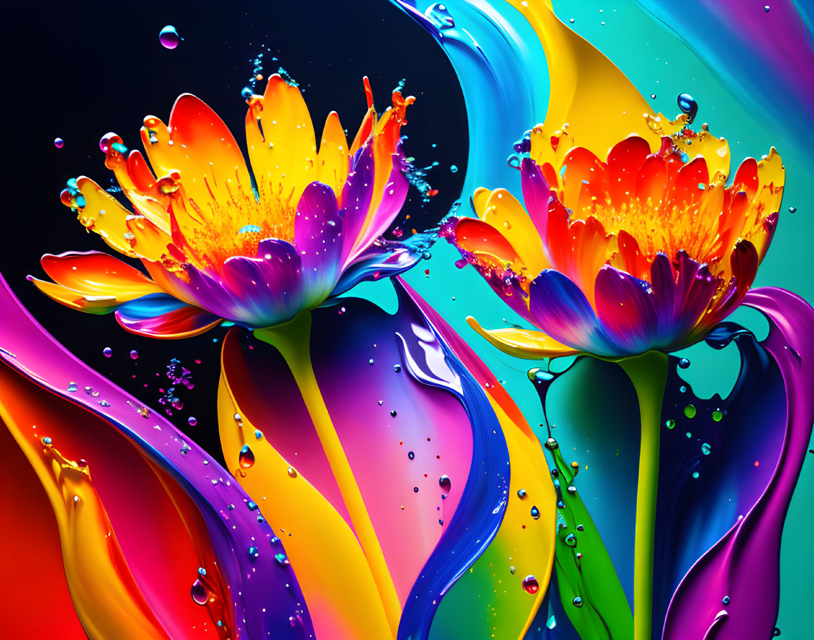 Colorful Flowers with Splash Effect on Rainbow Background and Water Droplets