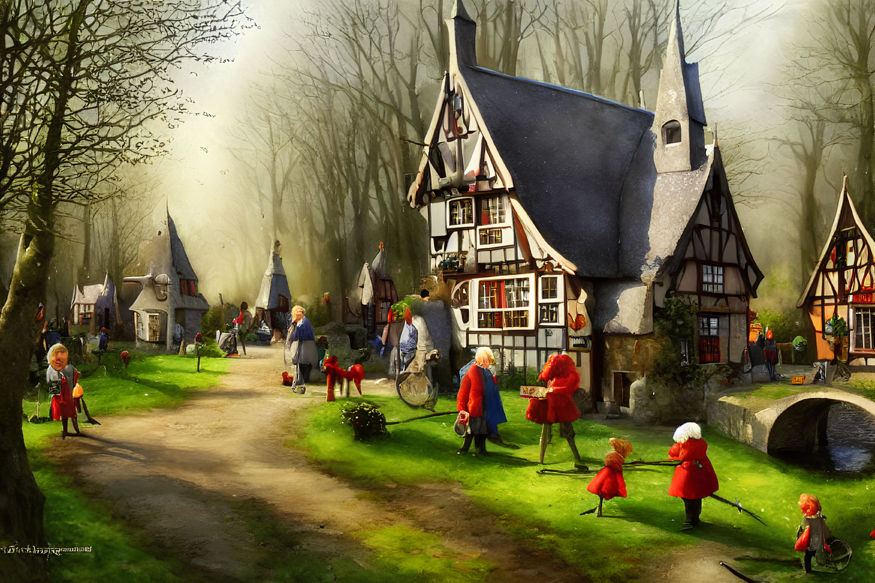 Whimsical village scene with storybook cottages and serene stream