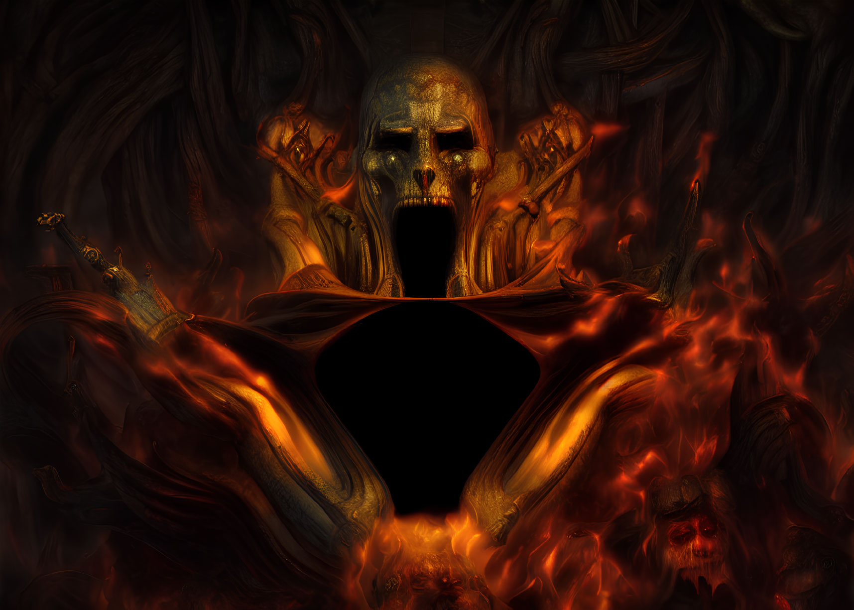 Digital Artwork: Large Skull Surrounded by Flames and Shadowy Figures