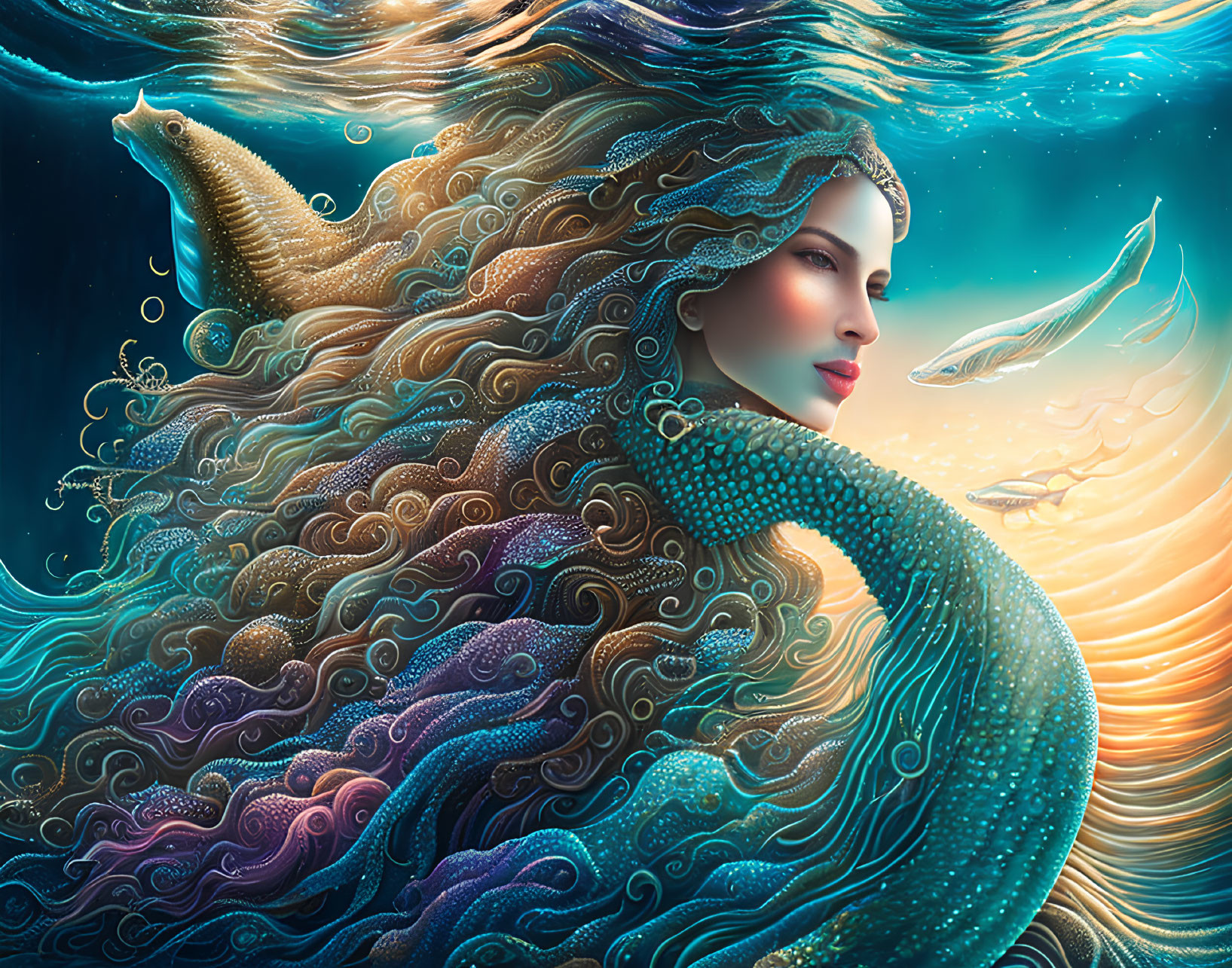 Mermaid and Turtle in Vibrant Underwater Dreamscape