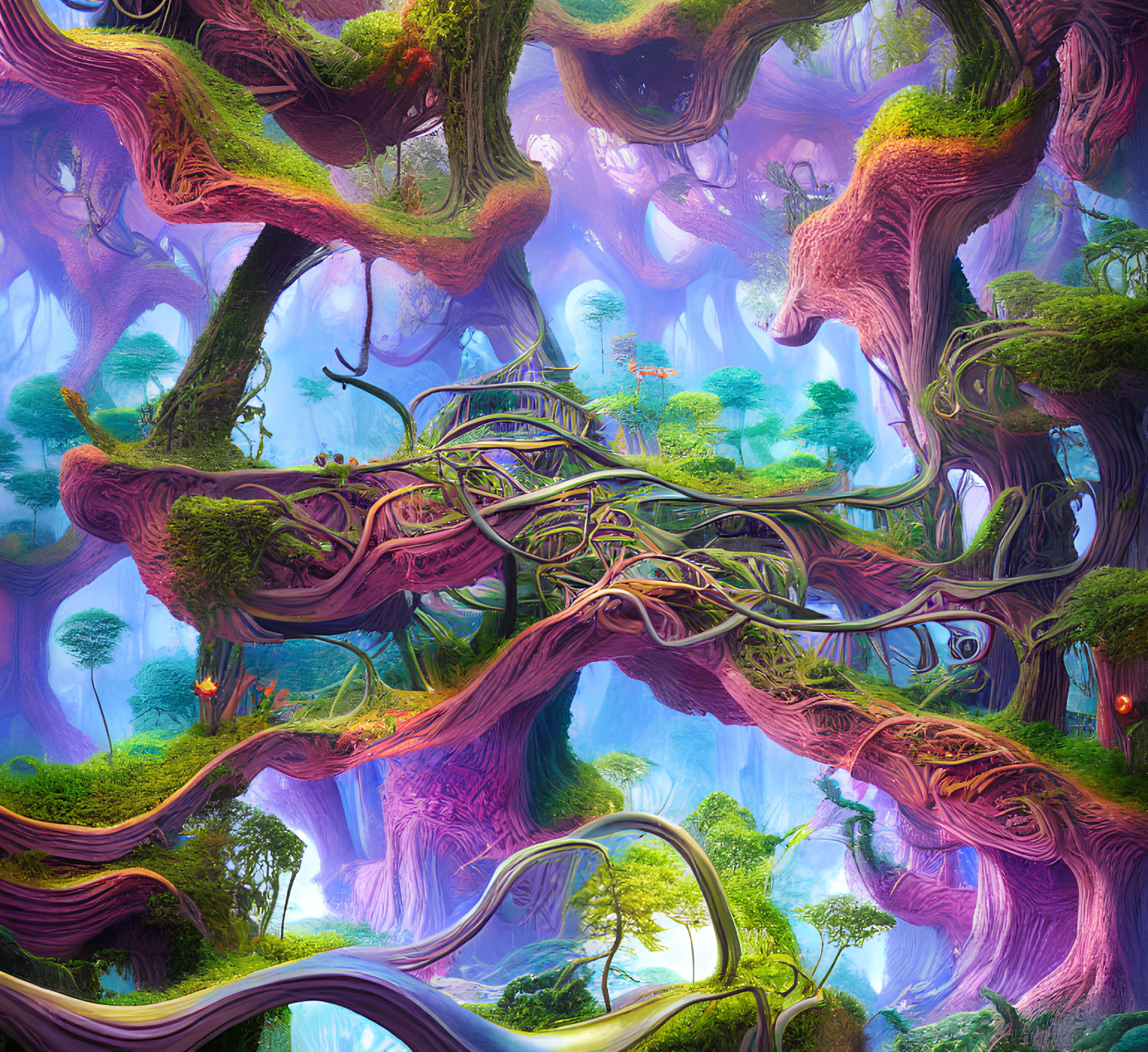 Surreal forest with purple trees, suspended platforms, and waterfalls