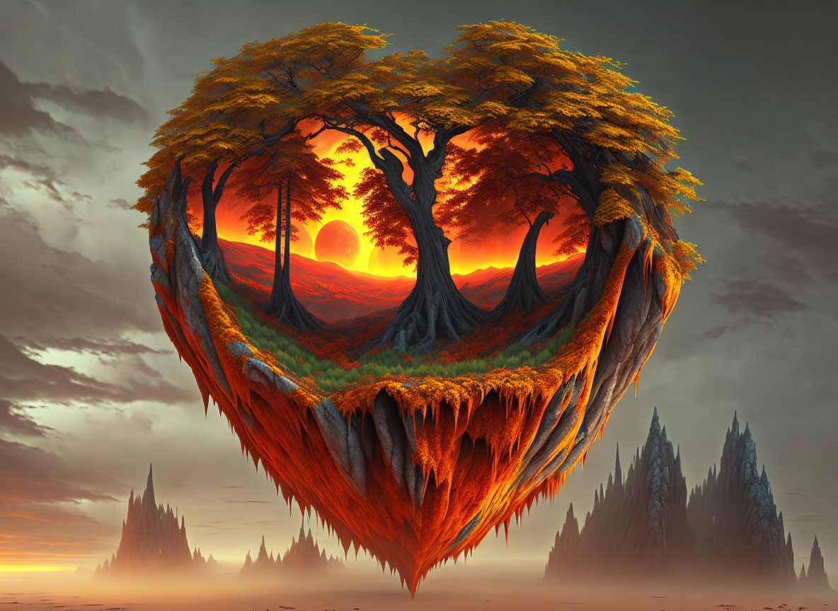 Surreal Heart-Shaped Island in a Vibrant Landscape
