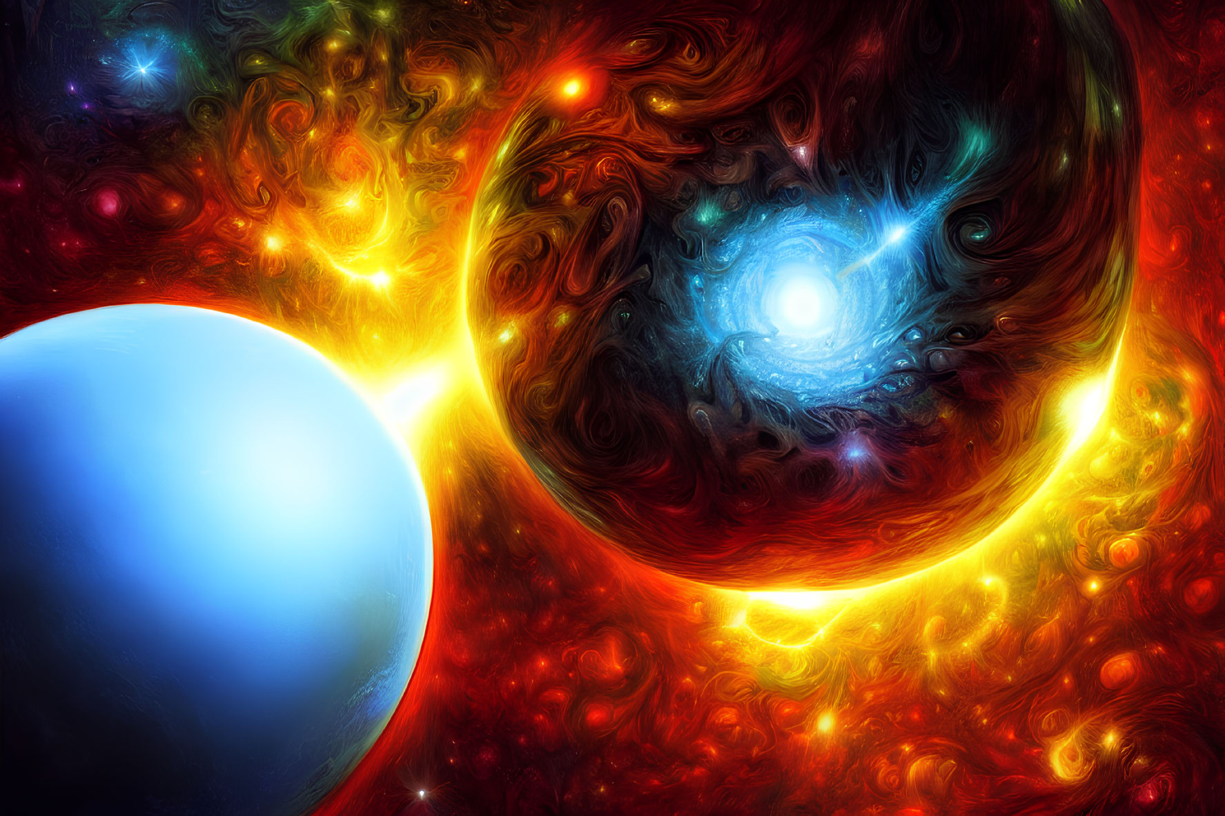 Colorful cosmic scene with blue planet, fiery sun, and swirling galaxy against red and blue nebula