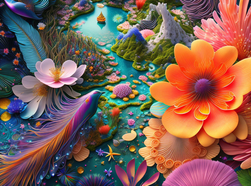 Colorful, stylized landscape with flowing rivers and rich textures reminiscent of a dream-like garden